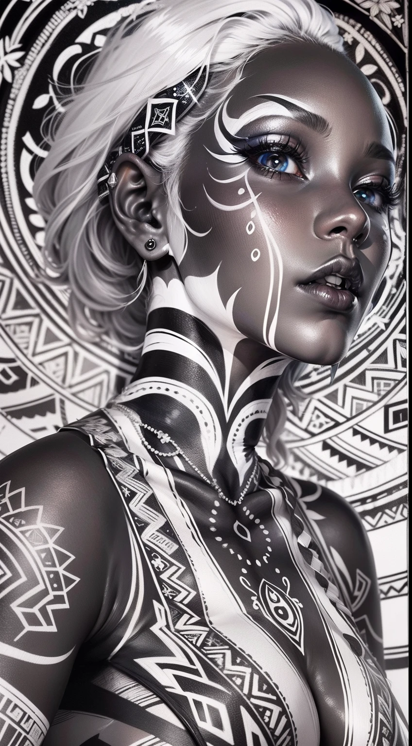 32k, total nude full body view from head to toe of black skin young skinny woman, ((without clothes, black skin, absolutely nude, small boobs)), very beautiful tribal raccoon sexy skinny young 20 yo woman with excessive intricately detailed vivdly colorful facepaint bodypaint makeup, stunning radiant teal eyes, gorgeous white hair with pink highlights, magical night sky background, (total nude) full length body shot, trending on artstation, sharp focus, studio photo, intricate details, highly detailed, 32K resolution, perfect composition, perfect face, ultra detailed