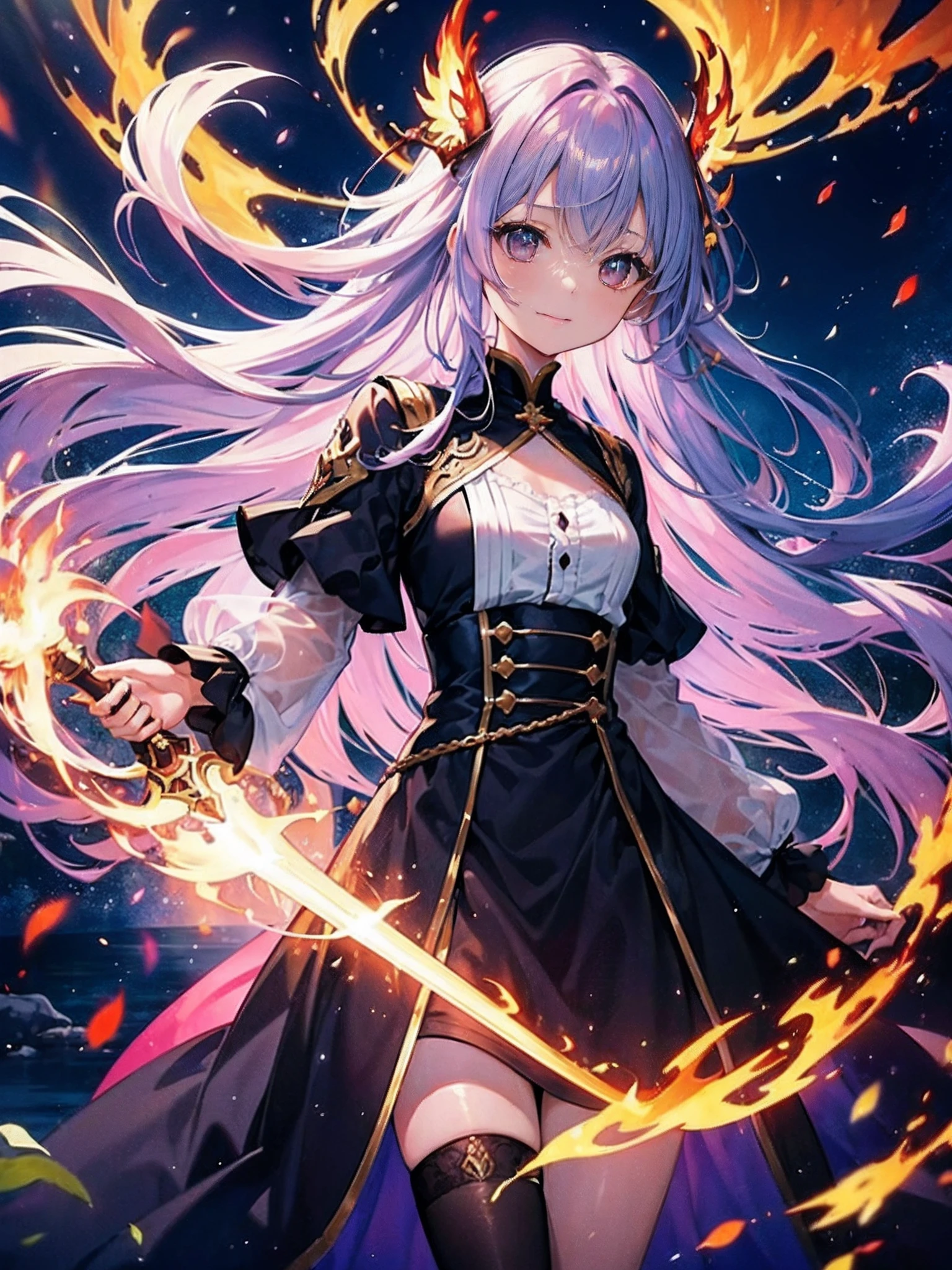 (((masterpiece)))、(((top-quality)))、((ultra-detailliert))、(illustratio)、((extremely delicate and beautiful))、、Bright smile、floating、Light purple hair、(Detailed light) (1girl in)、、独奏、The long-haired、The wind is blowing、A WORLD、(cute eye:1.5)、According to the contract、Follow me、Overlord of Flame、Come、Purification Flame、Great Sword of Flame、Fluttershy、Fire and brimstone through Sodom、Turning sinners into the dust of death、(Burning sky)