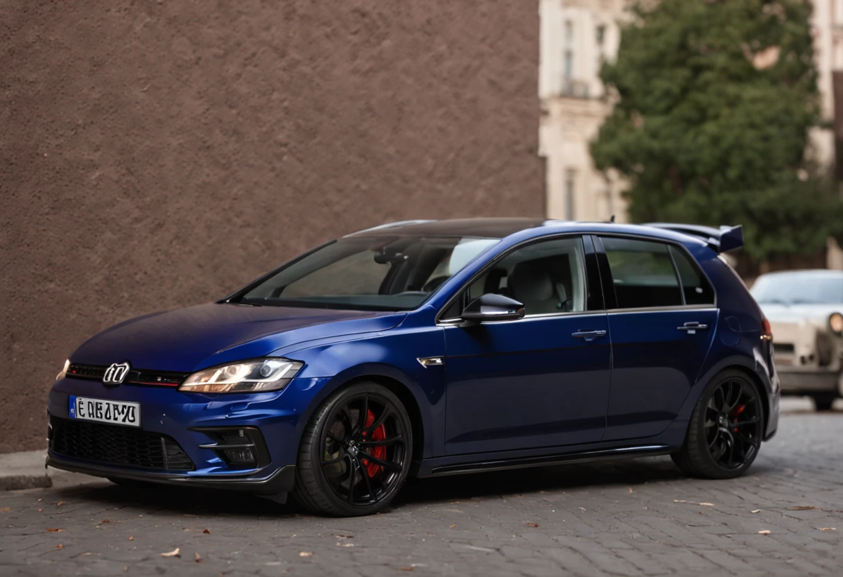 2017 Golf R photoshoot, pictures of the back end, parked downtown Europe, at night,cinematic light,8k,professional photos,100mm F2, masterpiece, micro detail, portrait