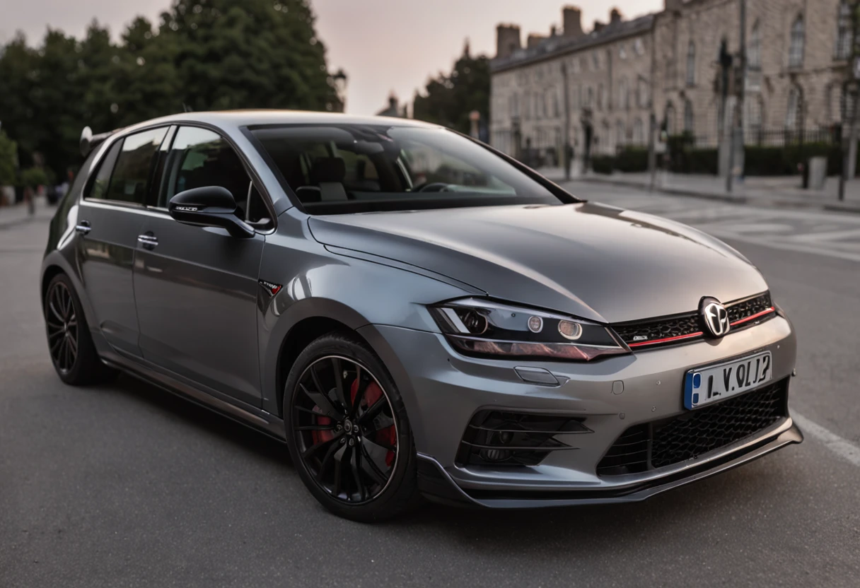 2017 Golf R photoshoot, pictures of the back end, parked downtown Europe, at night,cinematic light,8k,professional photos,100mm F2, masterpiece, micro detail, portrait