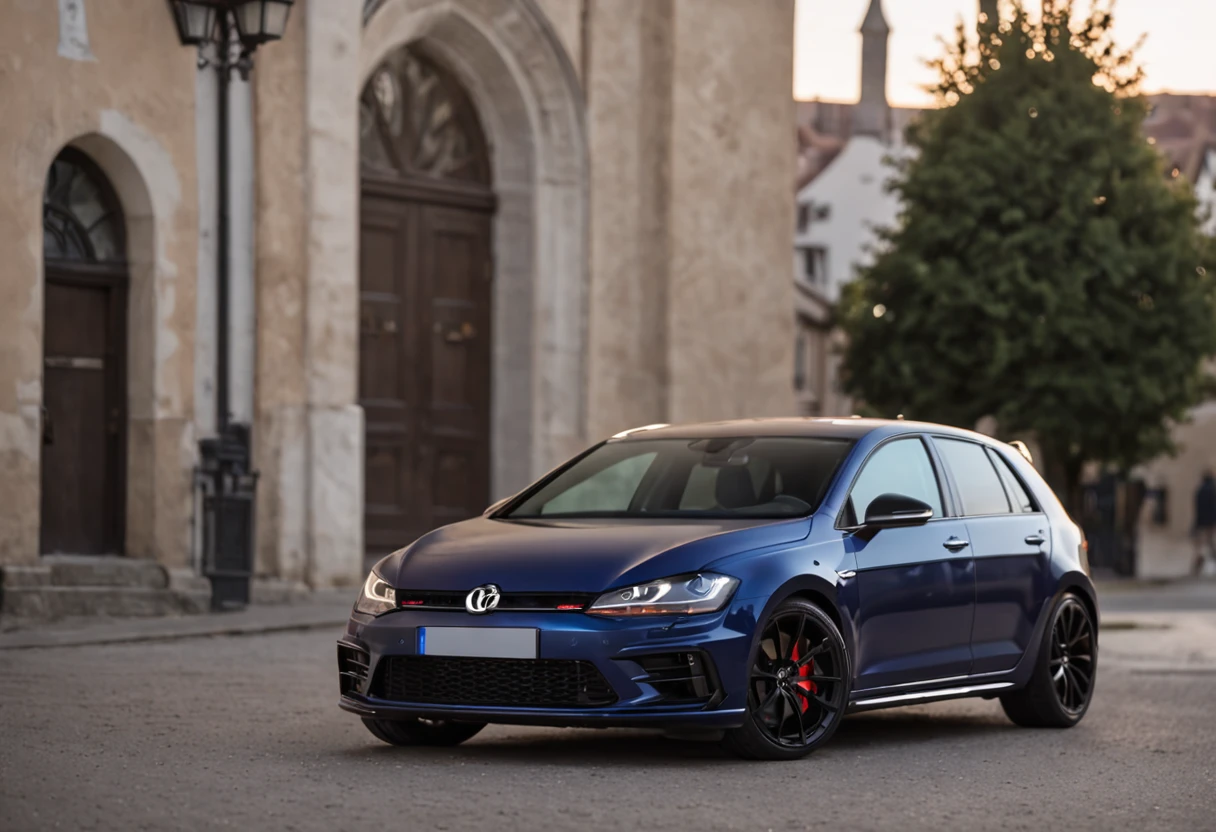 2017 Golf R photoshoot, pictures of the back end, parked downtown Europe, at night,cinematic light,8k,professional photos,100mm F2, masterpiece, micro detail, portrait