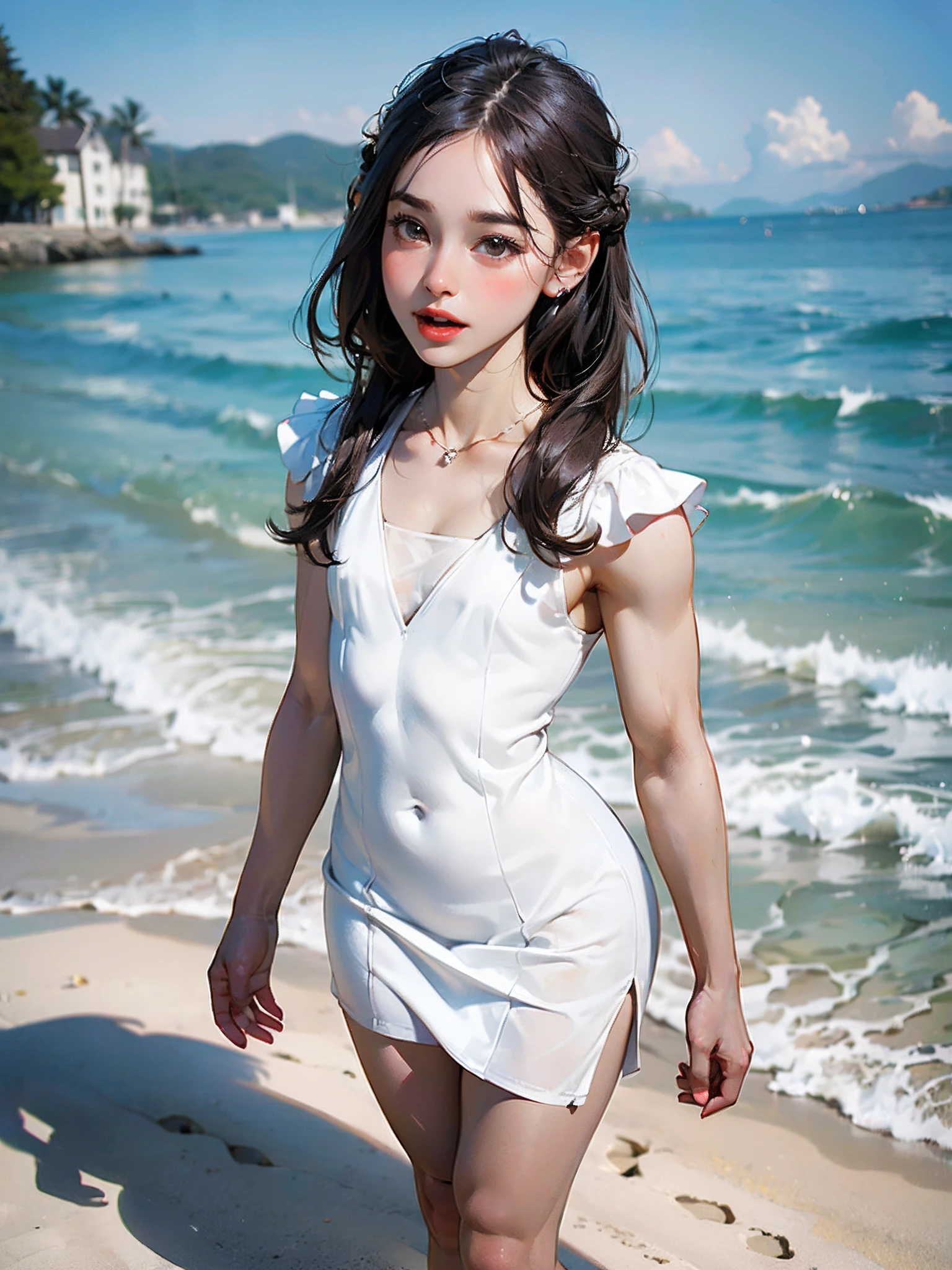 ((Best Quality)),((photo realistic)),((absurdres,ultra highlres,highly detailed)),(professional lighting),(open mouth:1.3),((embarassed)),(brown eyes:1.2),((lower shot)),(beautiful detailed eyes),(sexy pose),(white seethrough mini dress:1.4),(full body),((windy)),Thick eyebrows,droopy eyes,straight eyebrows,Falling eyebrows,(large iris),(narrow face:1.2),(close-set eyes),(plump lips:1.2),(Glossy lips),lipstick,blush,Beautiful,(beautiful Japanese Lady),1girl,(young),(tall body:1.2),(slender),(curvy hips),(round hips),Muscular arms,Muscular legs,(wide forehead),(Pulled back hair),braid,Perfect Anatomy,(flat chest:1.35),Black medium hair,(Straight hair),Necklace,Accessories,(muscular:1.3),(Highly detailed face),(beach)