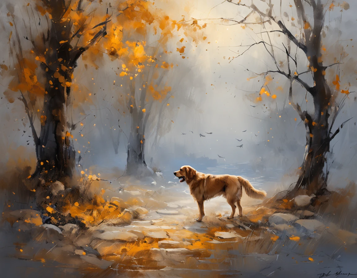golden retriever, Starry night, Thick fog on the ground, Blue light on the horizon, Unreal Engine 5, Cinematic, low angle photography, Motion blur, Depth of field, Dust, Cobblestones and dirt. Splash Art, dripping paint. Perfect color grading. Influenced by Karel Appel and Jeremy Mann, Full of dramatic and threatening scenes, Hyper-detailed, Beautiful, insanely details, Intricate details, editorial photography, shot with a 50mm lens, Depth of field, Tilt Blur, Shutter speed 1/1000, f/22. Lightmaps, Super bright
