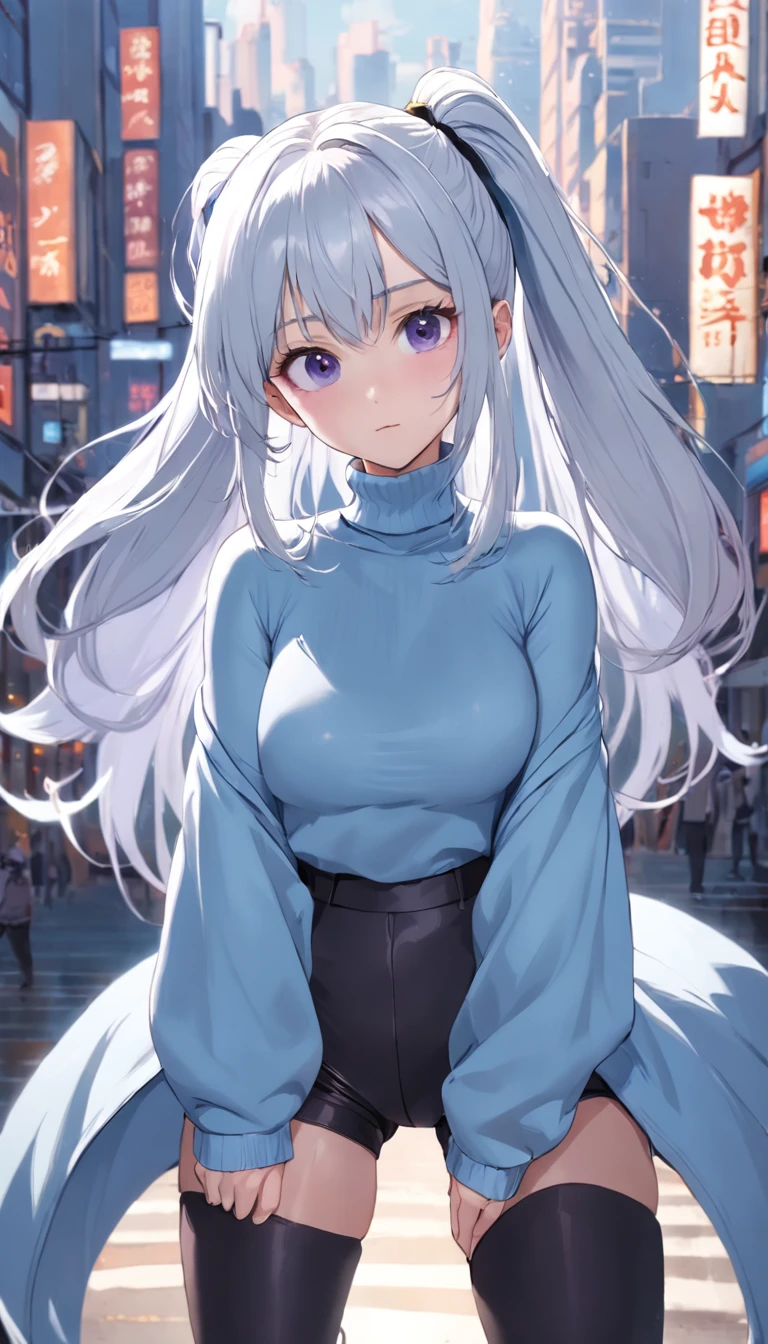 Shenhe, 1girl, solo, long hair, looking at viewer, smile, breasts, city background, butt, bare shoulders, teeth, tight shirt, short sleeves, closed mouth, black t-shirt,portrait, shorts, skin tight outfit, seductive, realistic, best quality, masterpiece, ultra detail, ultra high res, extreme detail, 8k