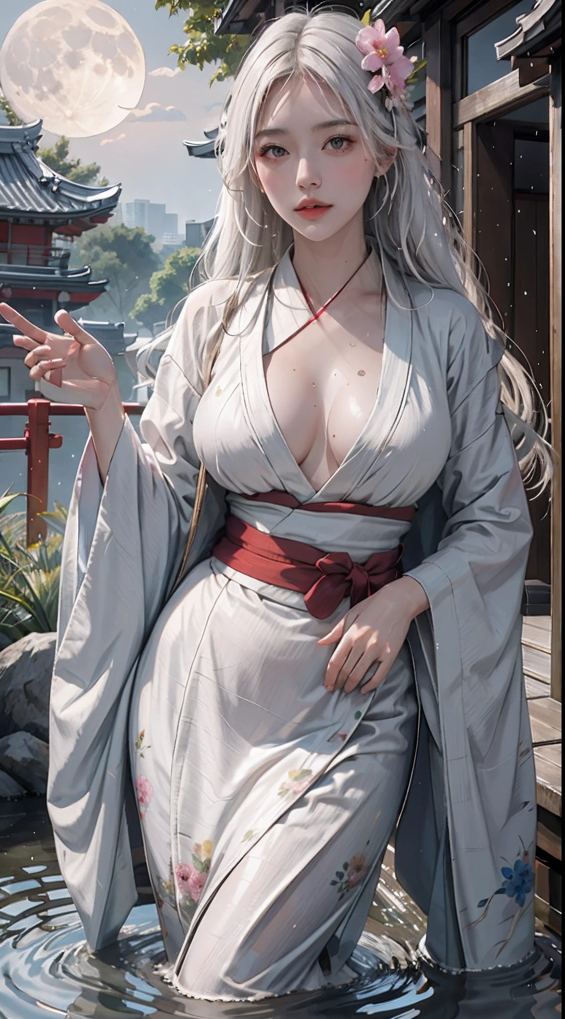 photorealistic, high resolution, soft lights, 1women, solo, hips up, shining skin, (detailed face), white hair, moon, lantern, night, solo, large breasts, hair ornament, wet, kimono, short yukata, japanese clothes, wading, water, hair flower, flower, outdoors, sky, full moon, rain, short yukata