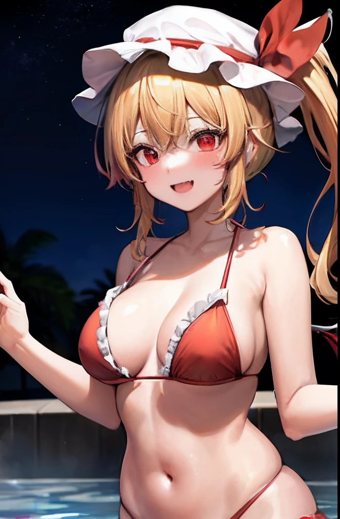 masutepiece, Best Quality, 1girl in,Flandre Scarlet,Blonde side ponytail、Night Pool Background、I'm wearing a white mob hat、has colorful feathers、Bikini with red frills、ＨCup Breast、enchanting posture、Happy face、full body seen