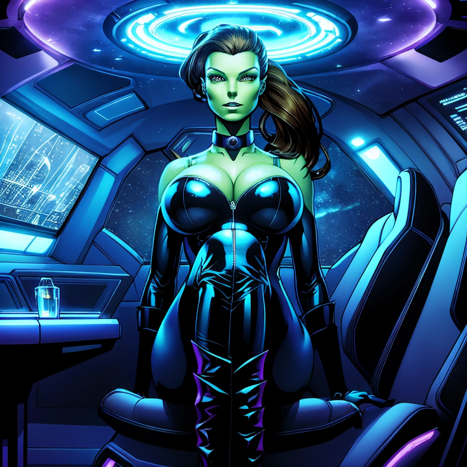 (masterpiece, top quality, best quality, official art, beautiful and aesthetic:1.2), (1girl:1.3), dark brown hair in a single ponytail, extremely detailed, portrait, looking at viewer, solo, (full body:0.6), detailed background, close up, gold eyes, (cool space ship theme:1.1), (((green skin, scales, scaly skin))), shapeshifter, charlatan, smirk, mysterious, shapeshifting in a spaceship, revealing jumpsuit, black leather, long boots, buckles, straps, pouches, collar, sleeveless, black latex, gigantic breasts, cleavage, skindentation, slim waist, slim hips, long legs, futuristic (starship interior:1.1) background, dark mysterious lighting, shadows, magical atmosphere, dutch angle