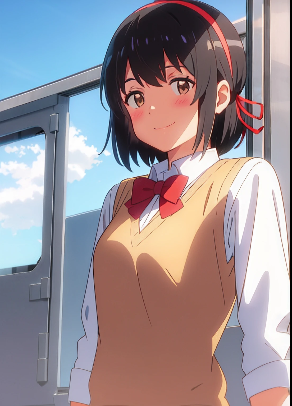 shinkai makoto, kimi no na wa., 1girl, bangs, black hair, blue sky, blush, bow, bowtie, brown eyes, cloud, collared shirt, hair ribbon, hairband, looking at viewer, negative space, outdoors, red bow, red bowtie, red hairband, red ribbon, ribbon,  school uniform, shirt, short hair, sky, smile, solo, sweater vest, upper body, vest, white shirt, yellow sweater vest, yellow vest
