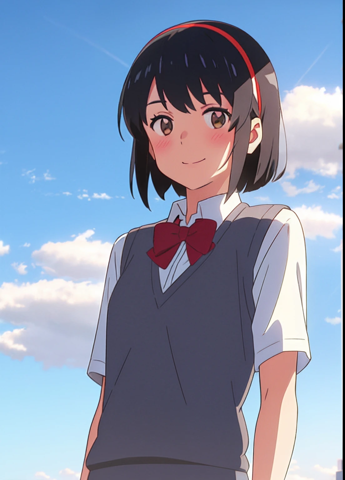 shinkai makoto, kimi no na wa., 1girl, bangs, black hair, blue sky, blush, bow, bowtie, brown eyes, cloud, collared shirt, hair ribbon, hairband, looking at viewer, negative space, outdoors, red bow, red bowtie, red hairband, red ribbon, ribbon, school uniform, shirt, short hair, sky, smile, solo, sweater vest, upper body, vest, white shirt, yellow sweater vest, yellow vest