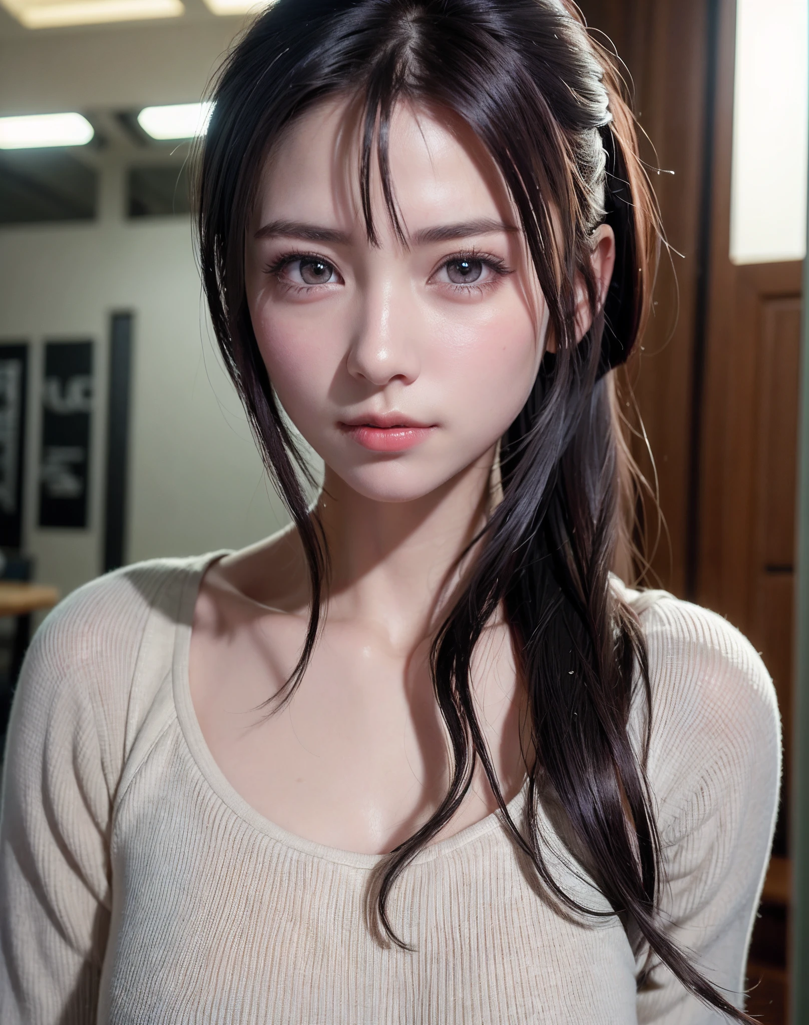 top-quality、8K Masterpiece、超A high resolution、(Photorealsitic:1.3)、Raw photo、1人、silver white hair、poneyTail、glowy skin、1 super beautiful college girl、((super realistic details))、portlate、globalillumination、Shadow、octan render、8K、ultrasharp、highly intricate detail、Realistic light、CGSoation Trends、Beautiful eyes、radiant eyes、Facing the camera、