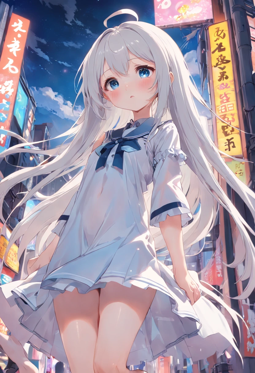 Cute ,long whitr hair,Leaky shoulders,Barefoot,head looking up,shift dresses,white panties,largeeyes,Anime cute face,Lolig white socks,Lift the skirt,Leakage