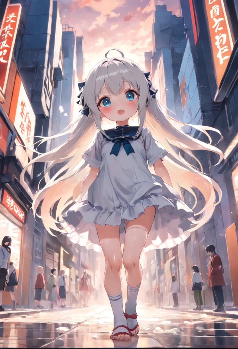 Cute ,long whitr hair,Leaky shoulders,Barefoot,head looking up,shift dresses,white panties,largeeyes,Anime cute face,Lolig white socks,Lift the skirt,Leakage