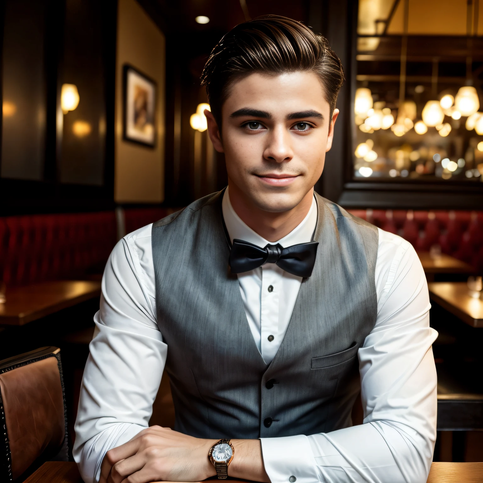 Portrait of A confident-looking Spanish man, 25 years old sitting at restaurant, with vest, leather shoes, hazel eyes, smooth face, hairstyle same as zac efron, cute smile on face, square jaw, dark hair, perfect composition, restaurant background, bokeh, hyper-realistic, super detailed, 8k, high quality, trending art, trending on artstation, sharp focus, restaurant photo, intricate details, highly detailed, art by greg rutkowski