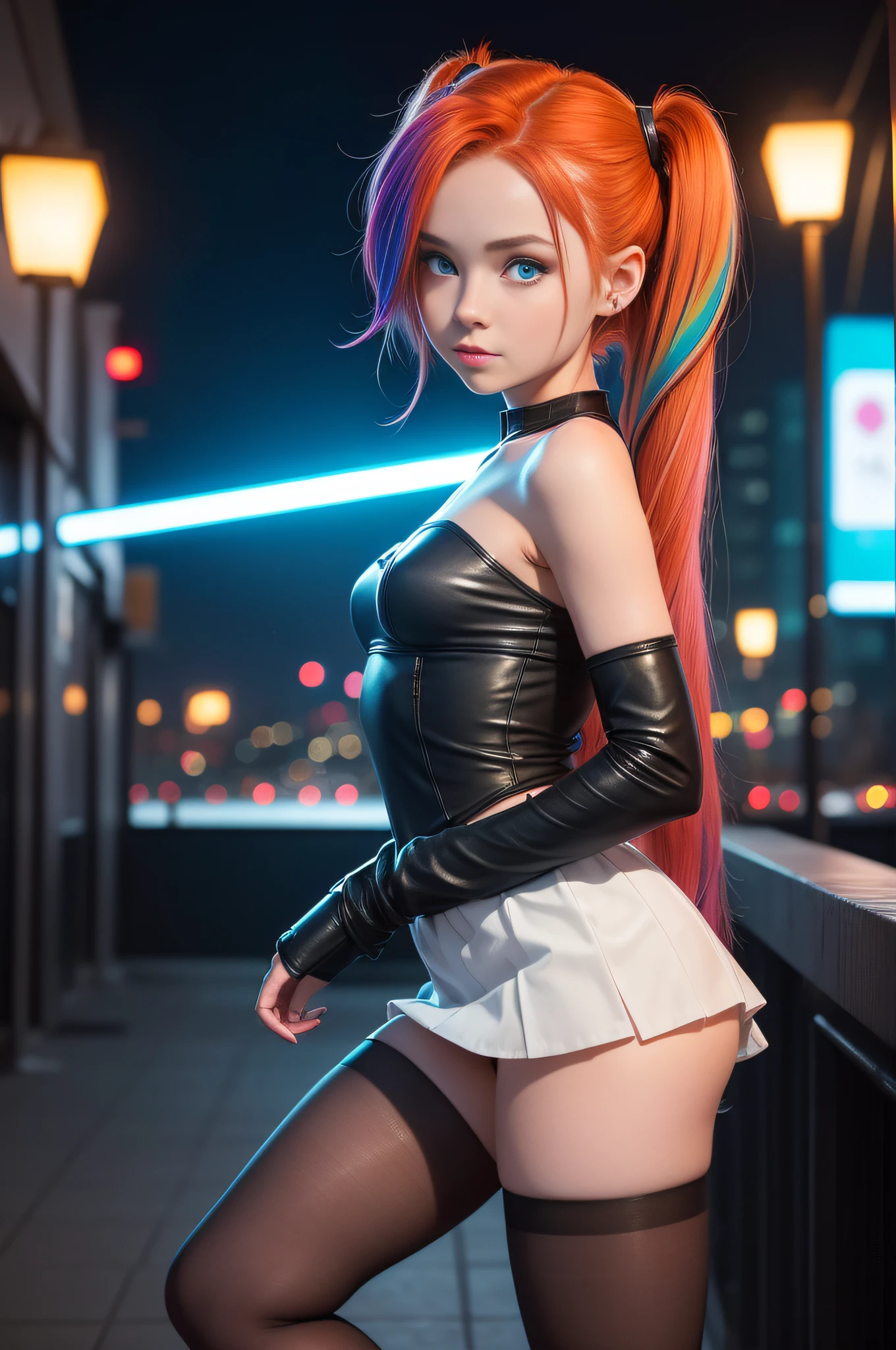 1 girl, solo, (nsfw), cute redhead 18-year-old girl in twin tails, ((perfect female body)), (cute face make up), multiple (rainbow colored hair: 1.2), (beautiful detailed blue eyes: 1.6), (photo realistic eyes: 1.6), happy, Ukrainian, (petite body), ((small hips)), pale white skin, (mini skirt and tube top), (matte pantyhose: 1.6), ("TRON LEGACY city" style background), (night time:1.2), photo realistic.