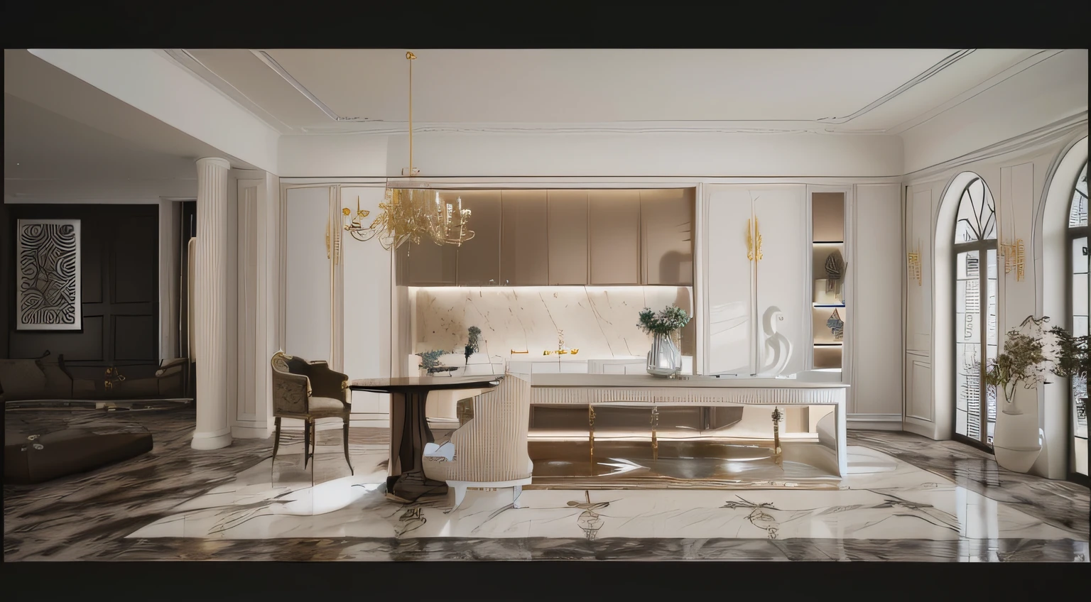 arafed living room with a couch, a chair, Coffee table and carpet, Inspired by Marie-Gabriel Capeti's 3D renderings, Trend of CGsociety, baroque, beige and dark atmosphere, cream - colored room, elegant and refined, beige color scheme, sand - colored walls, dark and beige atmosphere, Fundo sala de estar, neo - classical style