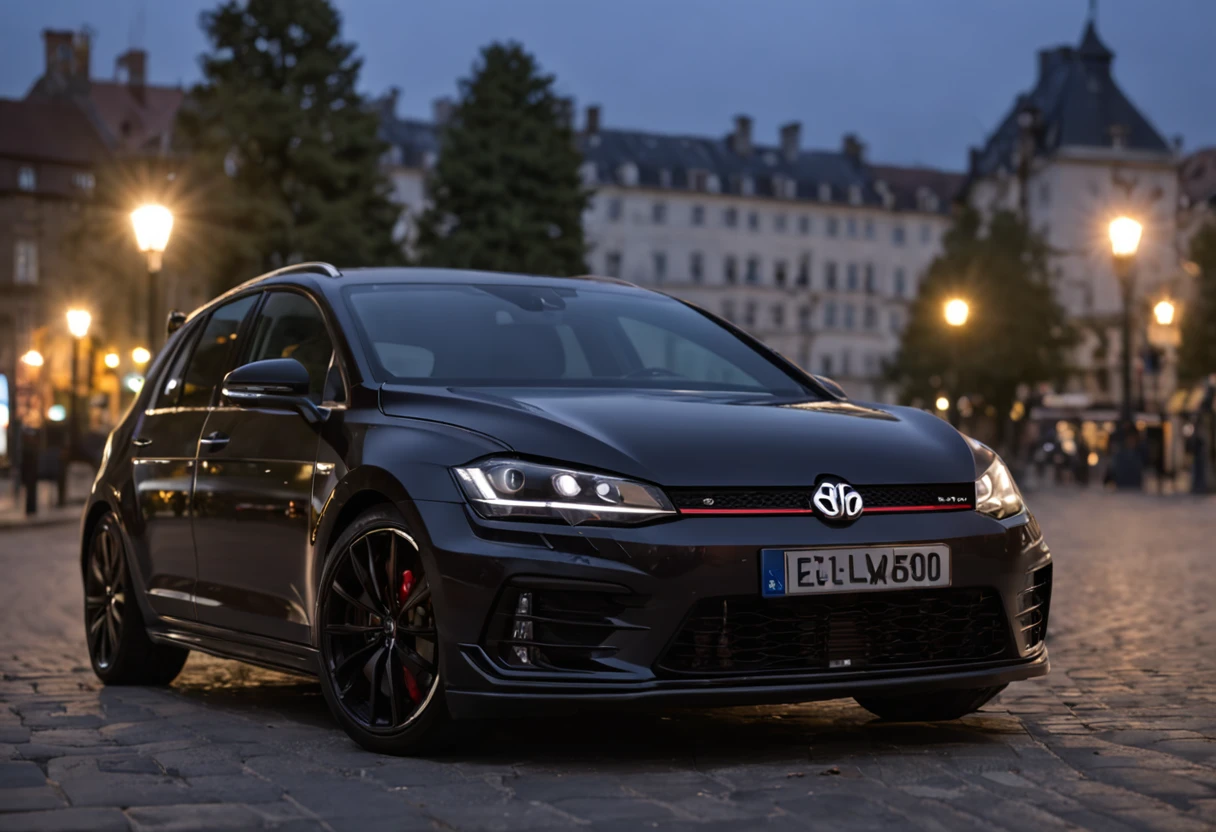 2017 Golf R photoshoot, pictures of the back end, parked downtown Europe, at night,cinematic light,8k,professional photos,100mm F2, masterpiece, micro detail, portrait, vw emblem