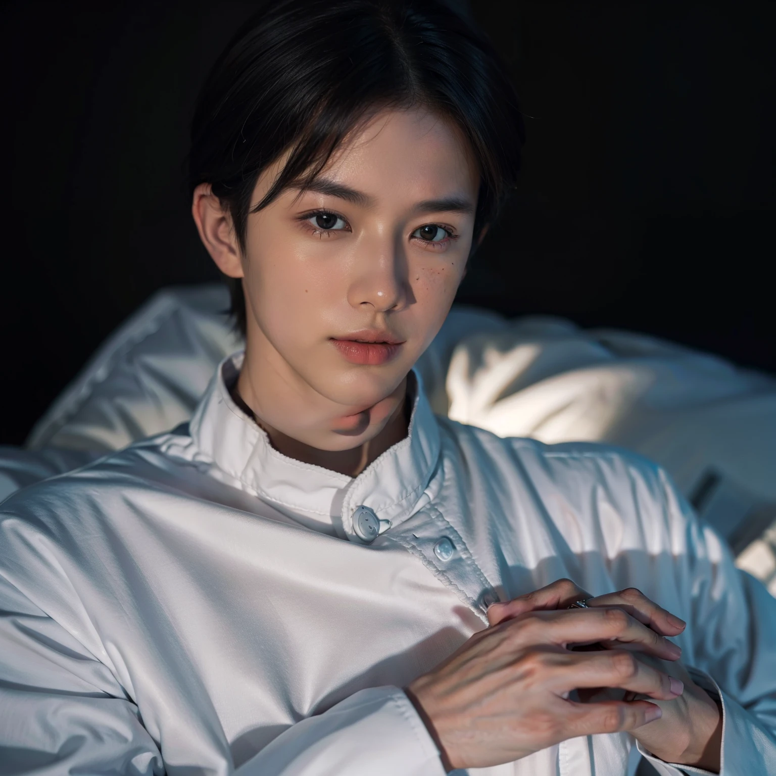 best qualtiy, tmasterpiece, 1boys,Serious and handsome face,Hu Ge of Asia,Stunning and realistic,in the darkness nigth,Curl up and lie down,lay on back,(photograph realistic:1.3), edge lit,Faraway view, (highdetailskin:1.2), 8K UHD, digital SLR camera, high high quality,Bokeh, Optimal proportions of four fingers and one thumb, Wearing a white coat,1 boy