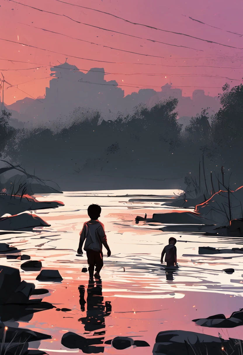 A boy with dirty pigtails stands by the river,Bridgeside,There was a flame burning at his feet,Be realistic,The light of the fire illuminated his cheeks,He wears black,