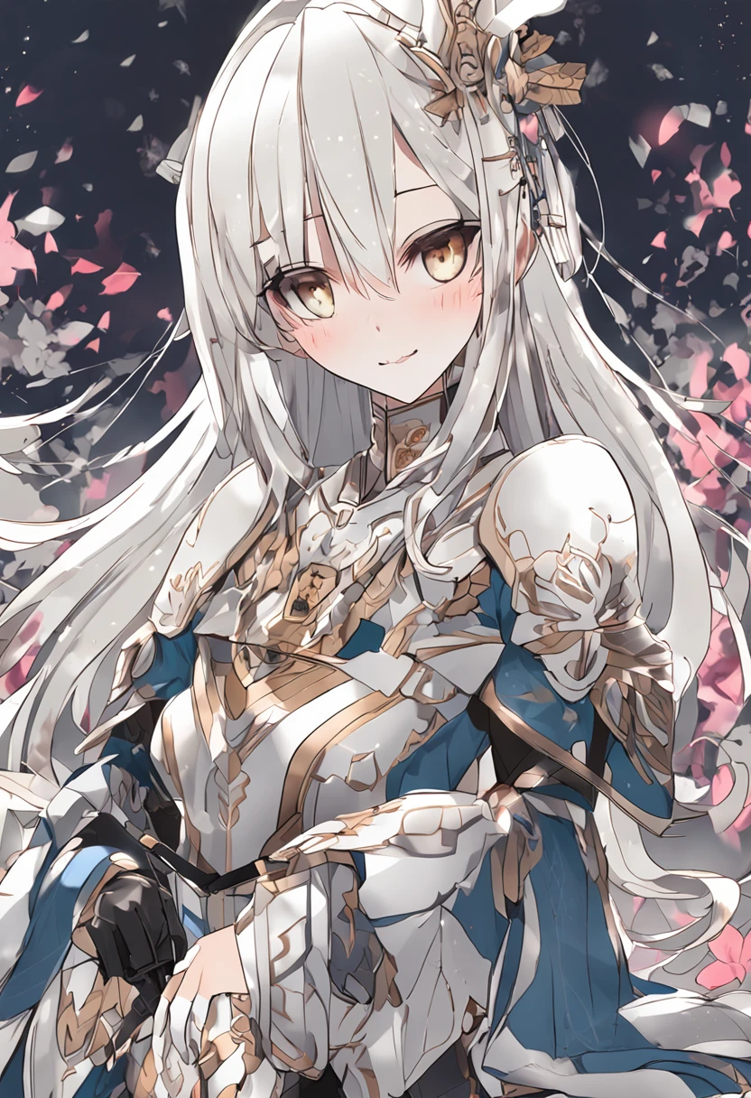 Kamisato_Ayaka,Japanese style,Armour,long white hair,horse tailed,Elegant smile,Keep one's mouth shut,A detailed eye,solo person,sakurabackground,Tsubaki pattern
