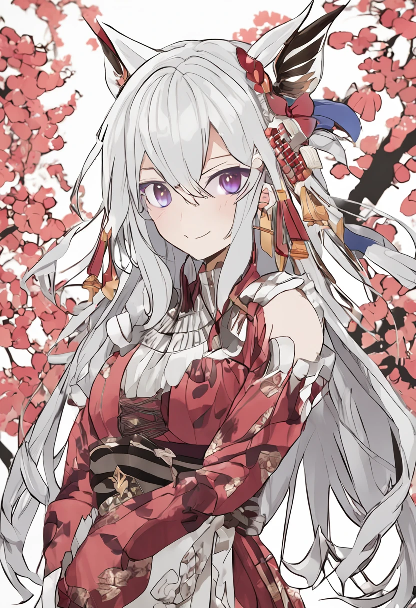 Kamisato_Ayaka,Japanese style,Armour,long white hair,horse tailed,Elegant smile,Keep one's mouth shut,A detailed eye,solo person,sakurabackground,Tsubaki pattern