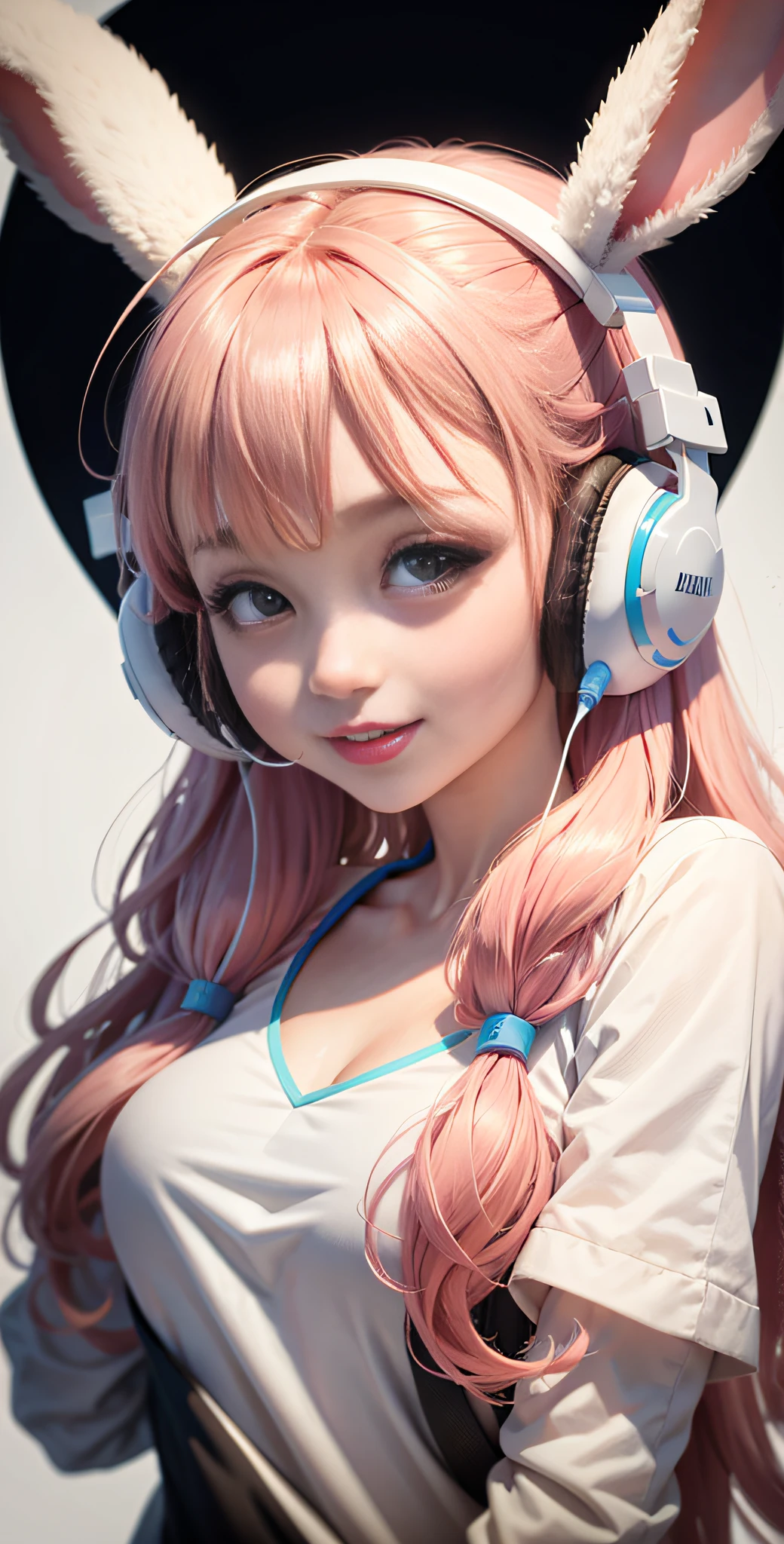 (A beautiful girl wearing a blue T-shirt and a red checked miniskirt is wearing headphones and singing into a fixed microphone in a recording studio, and the image is posted on SNS.) (This beautiful girl is 17 years old, 18% Japanese, 26% French, 56% Ukrainian, 178 cm tall, has a small bust but a good figure and a beautiful, well-balanced figure.) (Her hair is pink ash gray and very long, tied in twin tails with black ribbons, and curls in a spiral toward the end.) (Her eyebrows are the same color as her hair, thin, slightly thick and short, and her eyelashes are long.) (Her big blue eyes reflect the light of the lighting and are amazingly beautiful like pearls.) (Her nose is high like an English person, her lips are plump and shaped so that you want to kiss them, her skin is translucent white, and the balance between her head and face is traditionally Japanese.) Aesthetics. The number of fingers is also noteworthy, but not too many or too few, and is expressed very delicately. (Single, Masterpiece, Ultra Detailed, Highest Quality, Artistic Composition, Ultra Accurate, Realistic, Photorealistic, High Resolution, Dynamic Lighting Effects, Golden Ratio, Ultra Realistic). Try to emphasize facial expressions and features. Do your best to meet all these criteria.