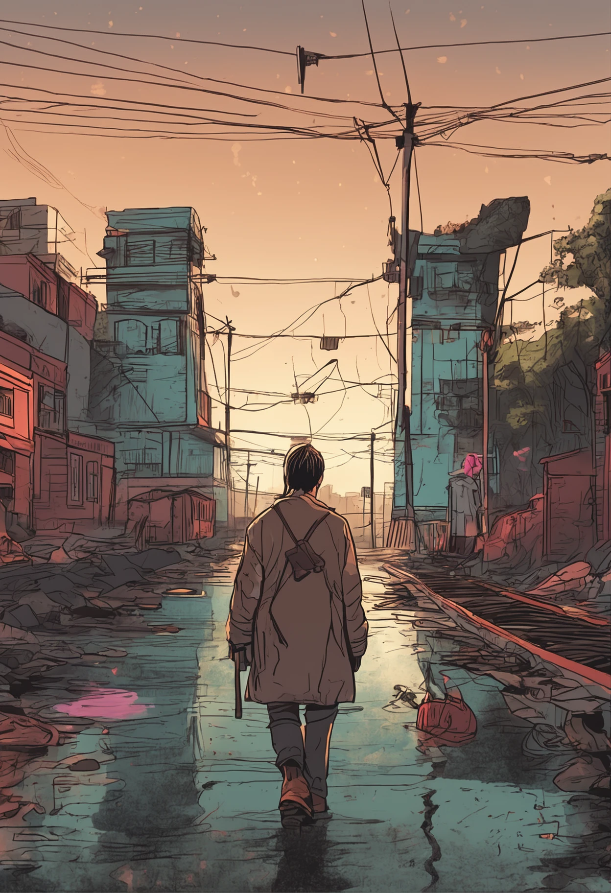A boy with dirty pigtails stands by the river,Bridgeside,There was a flame burning at his feet,Be realistic,The light of the fire illuminated his cheeks,He wears black,
