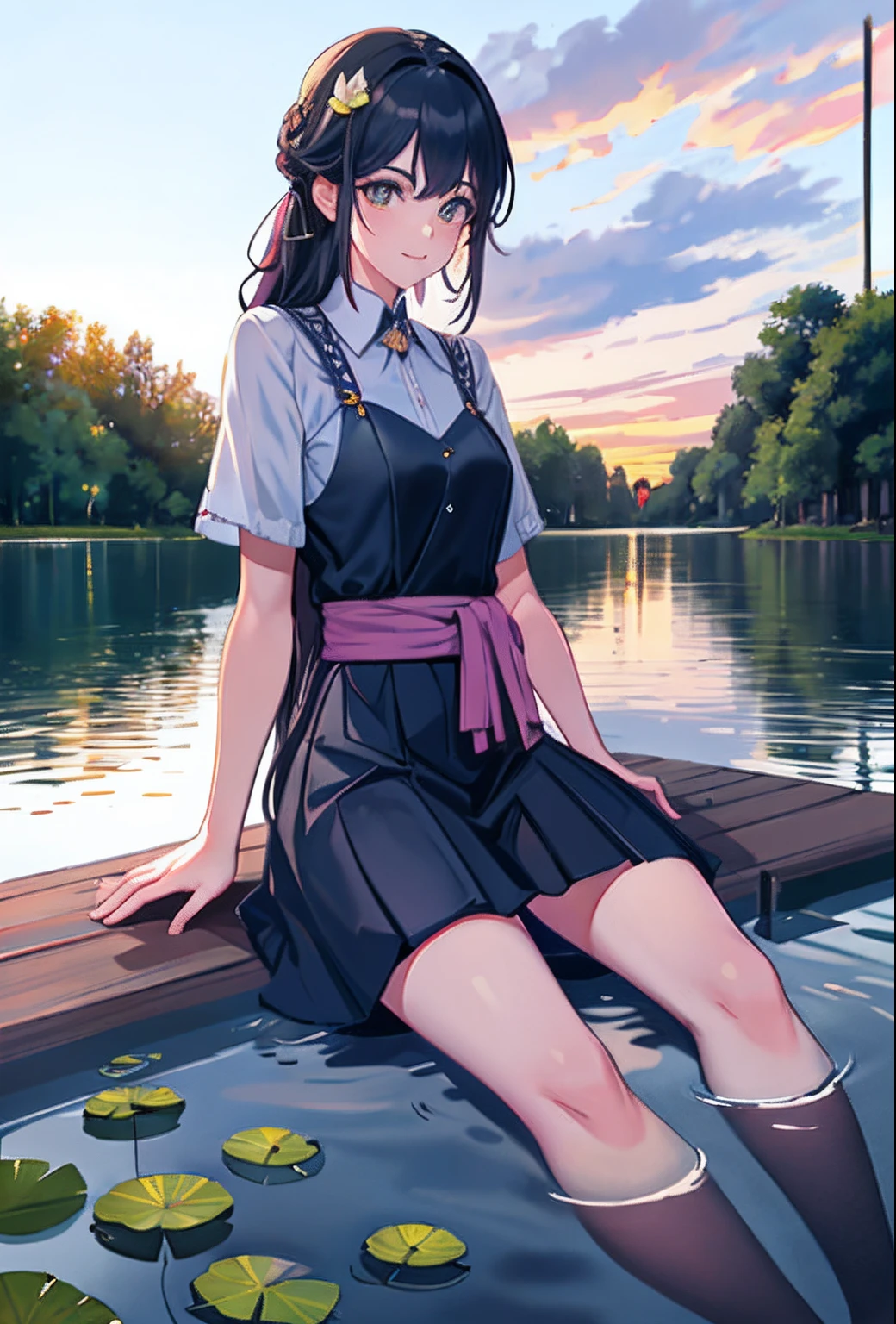 sittinng on the river，Lotus pond，Put your feet in the water，butterflys，The sunset wrapped around her
