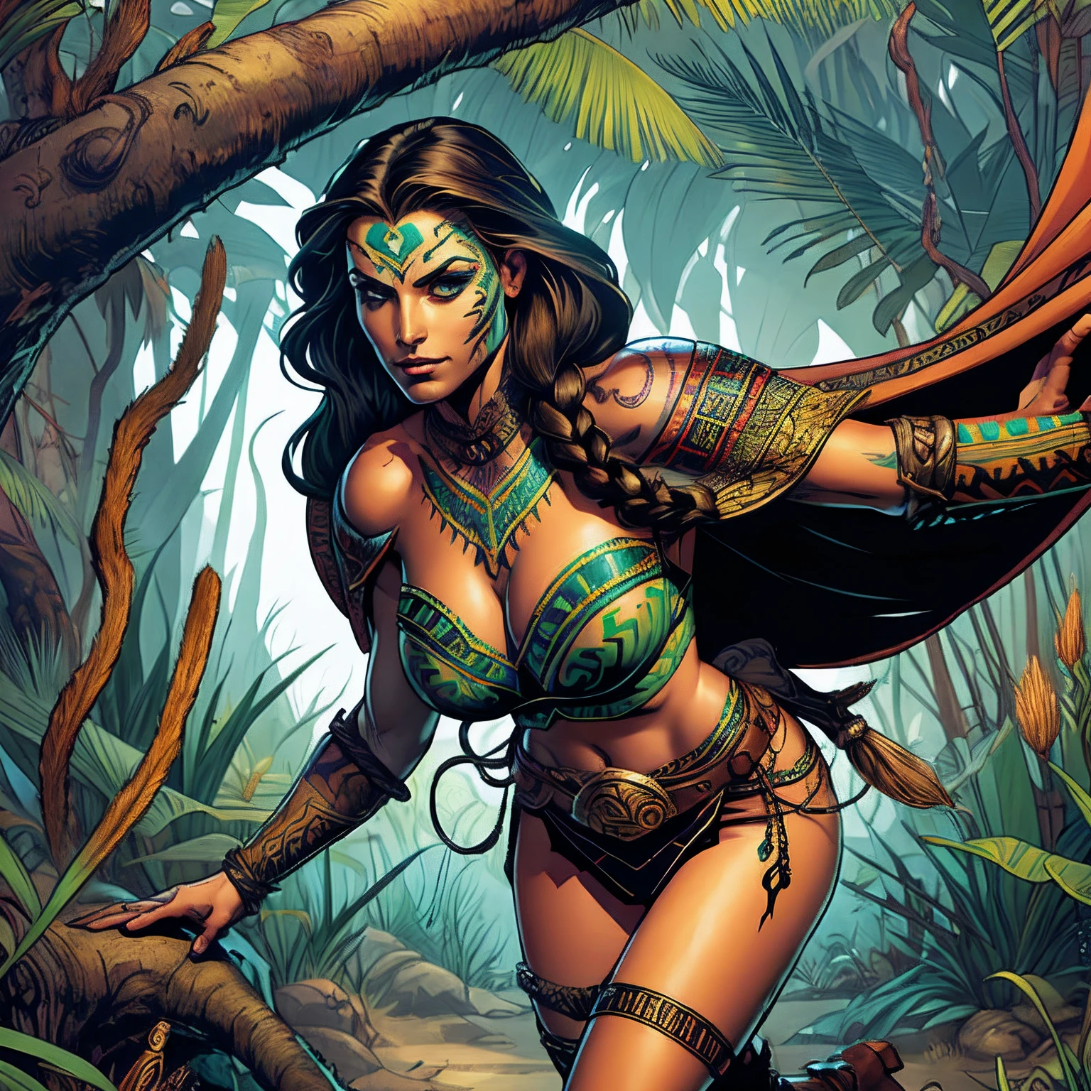 (masterpiece, top quality, best quality, official art, beautiful and aesthetic:1.2), (1girl:1.3), dark brown hair pulled back, in an untidy mane, braids, extremely detailed, portrait, looking at viewer, solo, (full body:0.6), detailed background, close up, sweaty, sweating, ((facepaint, tribal tattoos)), (warm summer desert theme:1.1), busty human Aztec war queen, elegant face, long face, charlatan, smirk, mysterious, walking in jungle, revealing Aztec attire, ornate jade Aztec armor, feathers in hair, feathered armor, bare midriff, brown leather, fur lined clothes, long boots, buckles, straps, pouches, maquahuitl and shield, tan fabric, brown leather, gigantic breasts, skindentation, cleavage, muscular, strong, slim waist, slim hips, long legs, muscular legs, medieval (jungle exterior:1.1) background, dark mysterious lighting, shadows, magical atmosphere, dutch angle,
