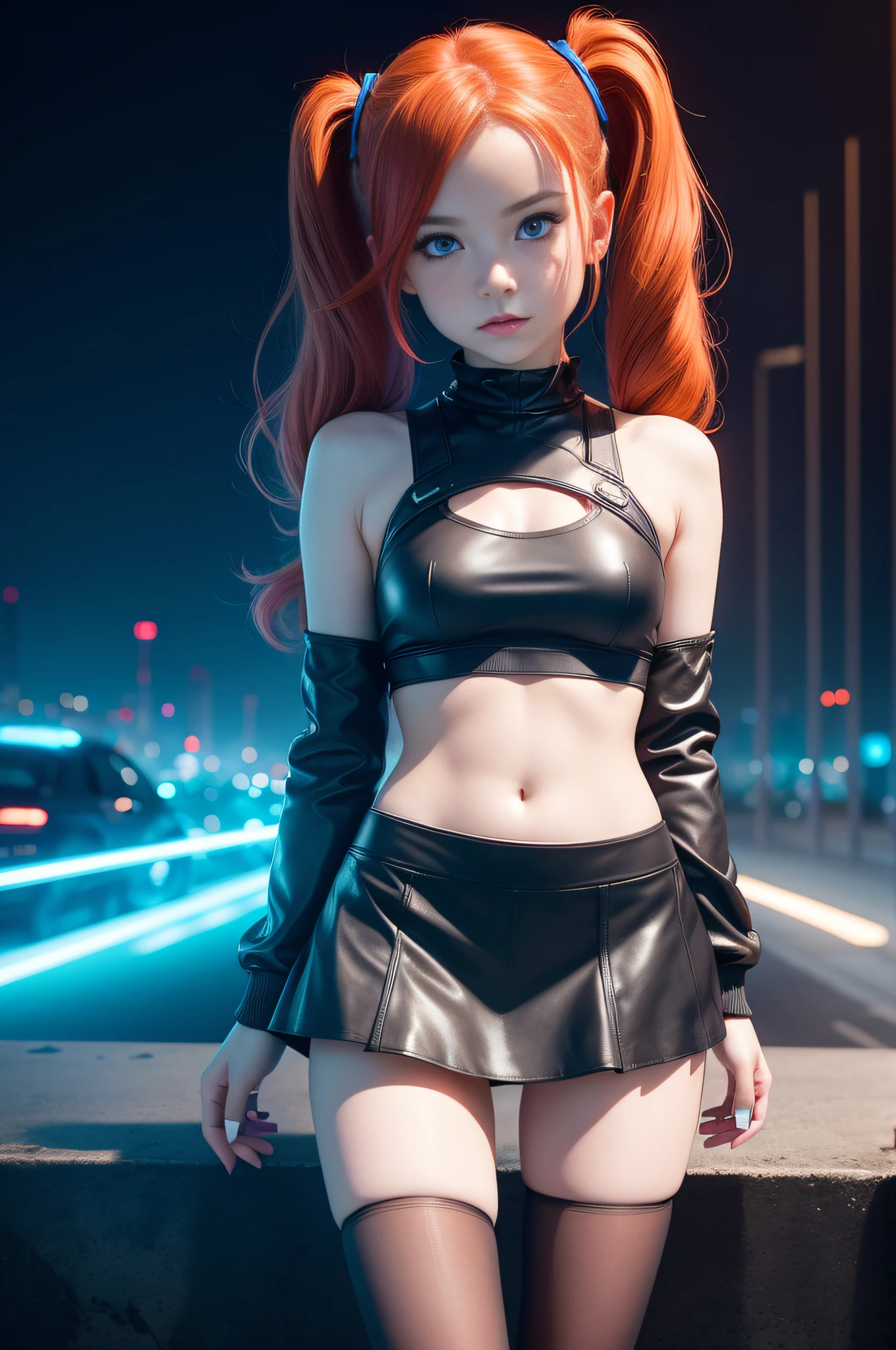 1 girl, solo, (nsfw), cute redhead 18-year-old girl in twin tails, ((perfect female body)), (cute face make up), multiple (rainbow colored hair: 1.2), (beautiful detailed blue eyes: 1.6), (photo realistic eyes: 1.6), happy, Ukrainian, (petite body), ((small hips)), pale white skin, (mini skirt and tube top), (matte pantyhose: 1.6), ("TRON LEGACY" style background), (night time:1.2), photo realistic.