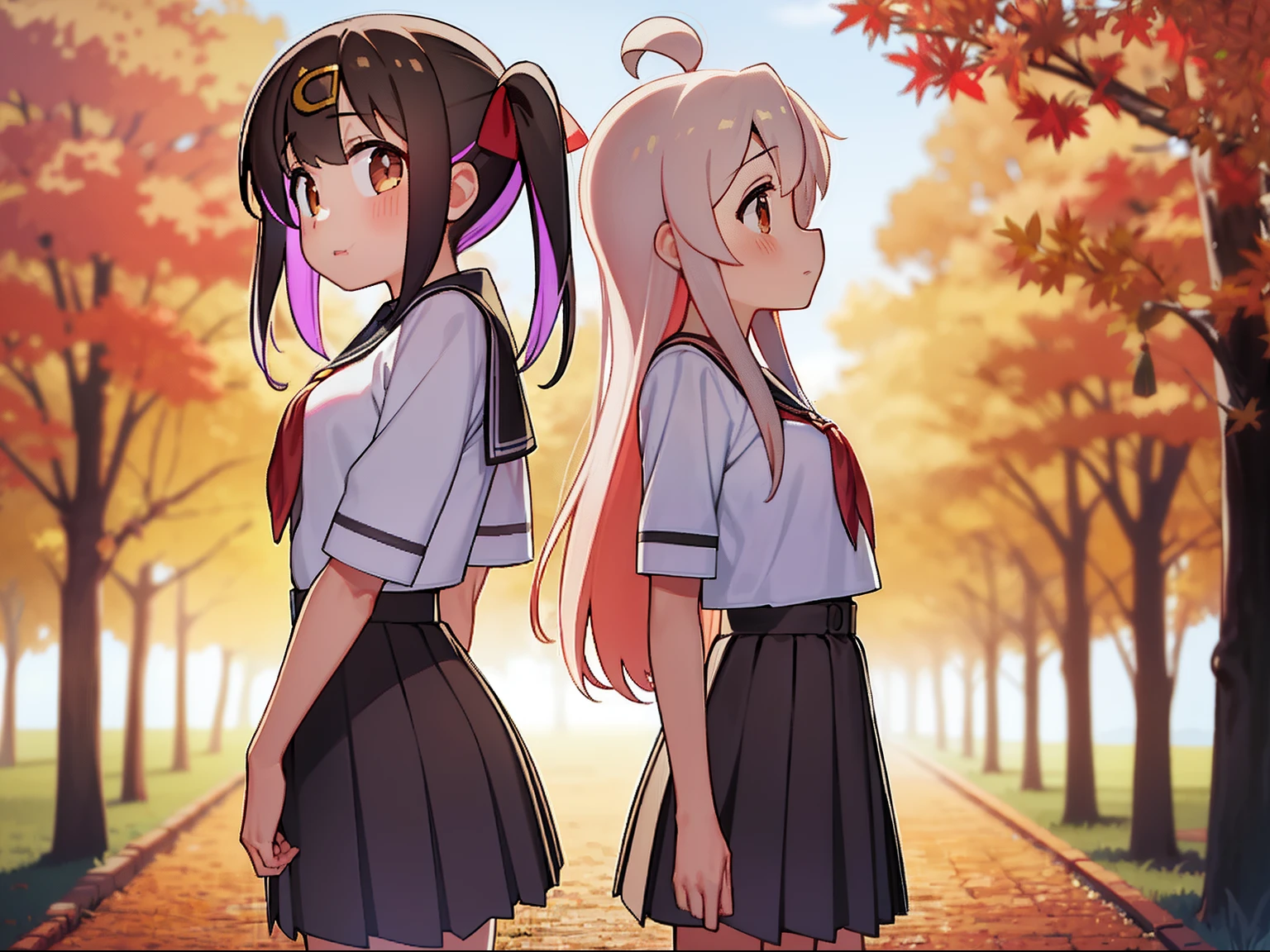 Standing back-to-back,masterpiece, incredibly_absurdres, best quality, masterpiece,best quality,official art,extremely detailed CG unity 8k wallpaper, in autumn, 2girls, sailor suite, oyamamihari,oyamamahiro