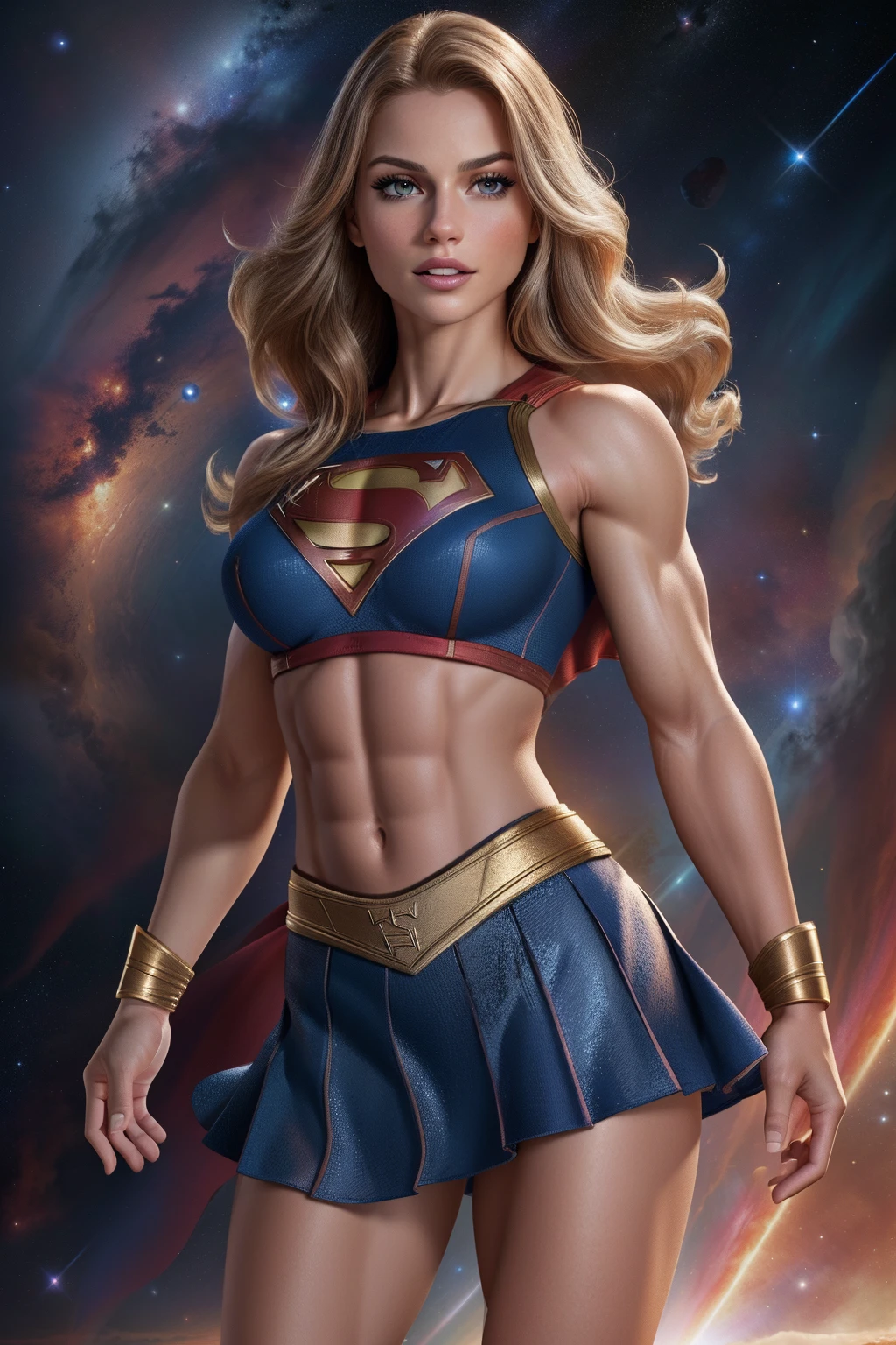 ( Masterpiece, 4k resolution, ultra-realistic, very detailed) Sexy Supergirl revealing abs midriff and a skirt photography by artgerm, in the style of realism, glistening skin, cartooncore, mangacore, natural lighting, Defined full lips. Muscular fitness feminine body (In space)