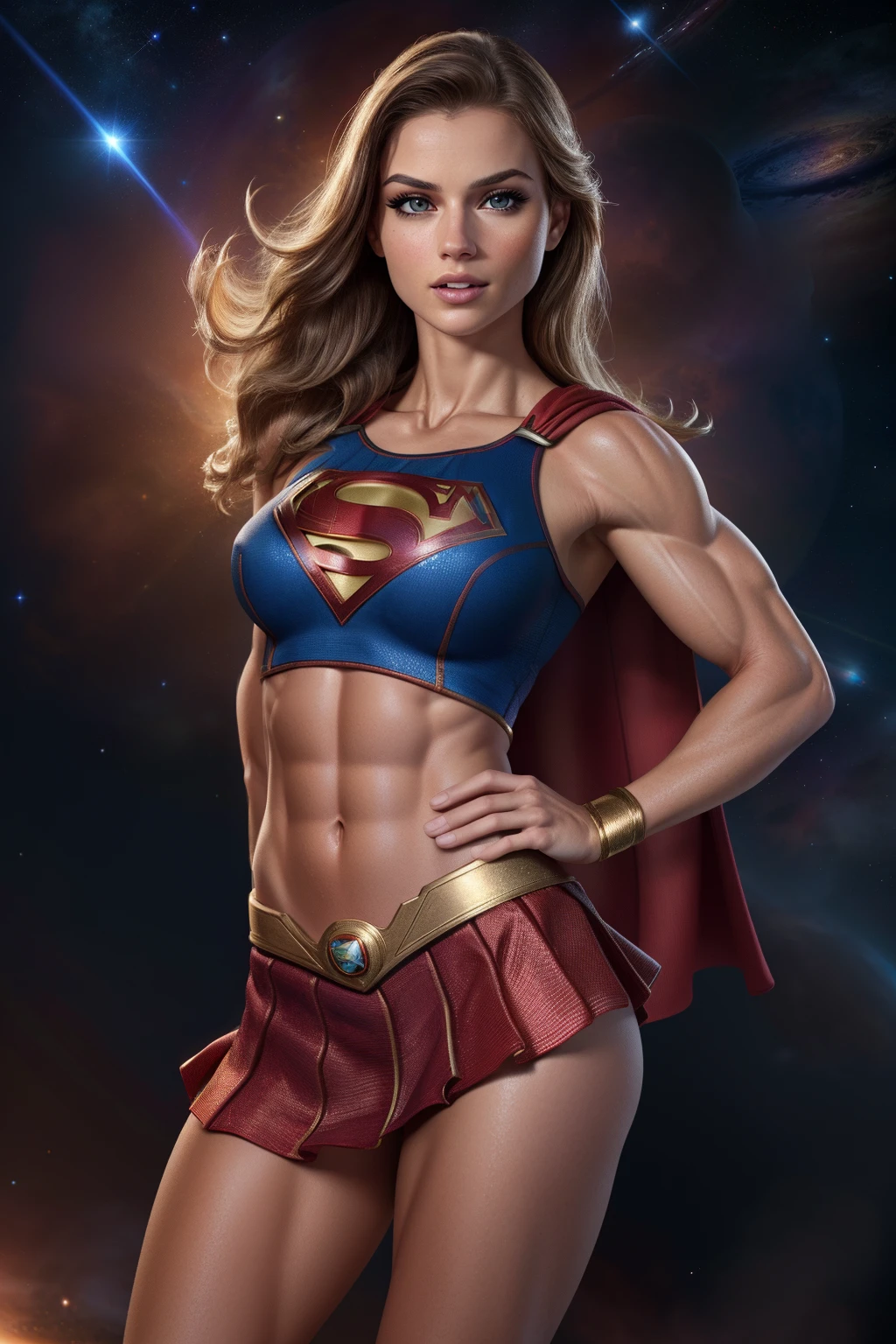 ( Masterpiece, 4k resolution, ultra-realistic, very detailed) Sexy Supergirl revealing abs midriff and a skirt photography by artgerm, in the style of realism, glistening skin, cartooncore, mangacore, natural lighting, Defined full lips. Muscular fitness feminine body (In space)