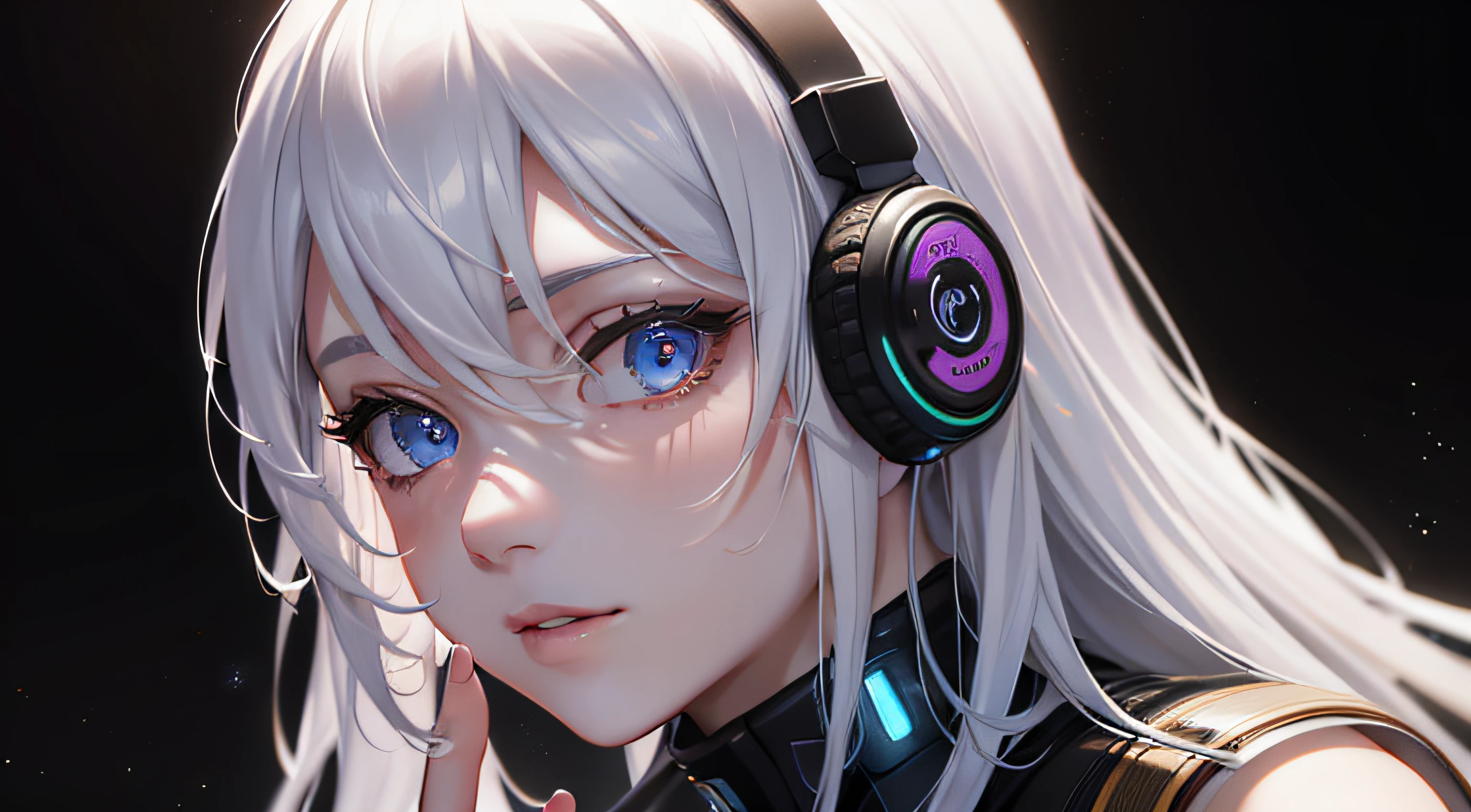 (Masterpiece, fine detailed beautiful eyes: 1.2), (On the moon, space, looking back into earth), White hair, Black tank top, voluminetric lighting, White jacket, glowing headphones, Cyberpunk, Futuristic, multi colored eyes, Detailed eyes, ultra - detailed,Light smile, Highly detailed, Beautiful, small detailed, Ultra detailed, Best quality, Intricate, hyper photorealism, Sharp, Digital illustration, Detailed, Realism, Intricate, 4K, 8K, trending on artstationh, Good anatomy, Beautiful lighting, Award-winning, Photorealistic, Realistic shadows, Realistic lighting, Beautiful lighting, Ray traching, Intricate details, Moody, Rule of thirds, Masterpiece, (illustration:1.1), A high resolution, (Extremely detailed CG, Unity, 8K wallpaper:1.1), Beautiful face, Highly detailed face, Ultra photo realsisim, Masterpiece, Bokeh, Extremely detailed, Intricate, zoomout, Colorful, Vibrant colors, Red nail polish, Side view,