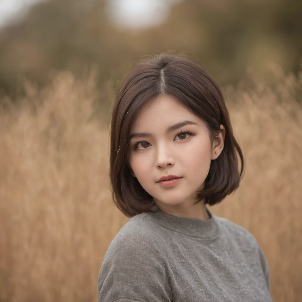 Short hairstyle、 girl、A dark-haired、short-haired、Rear view、Autumn landscape、Hair illuminated by the sun、A dark-haired、Angle from below、with their face not visible