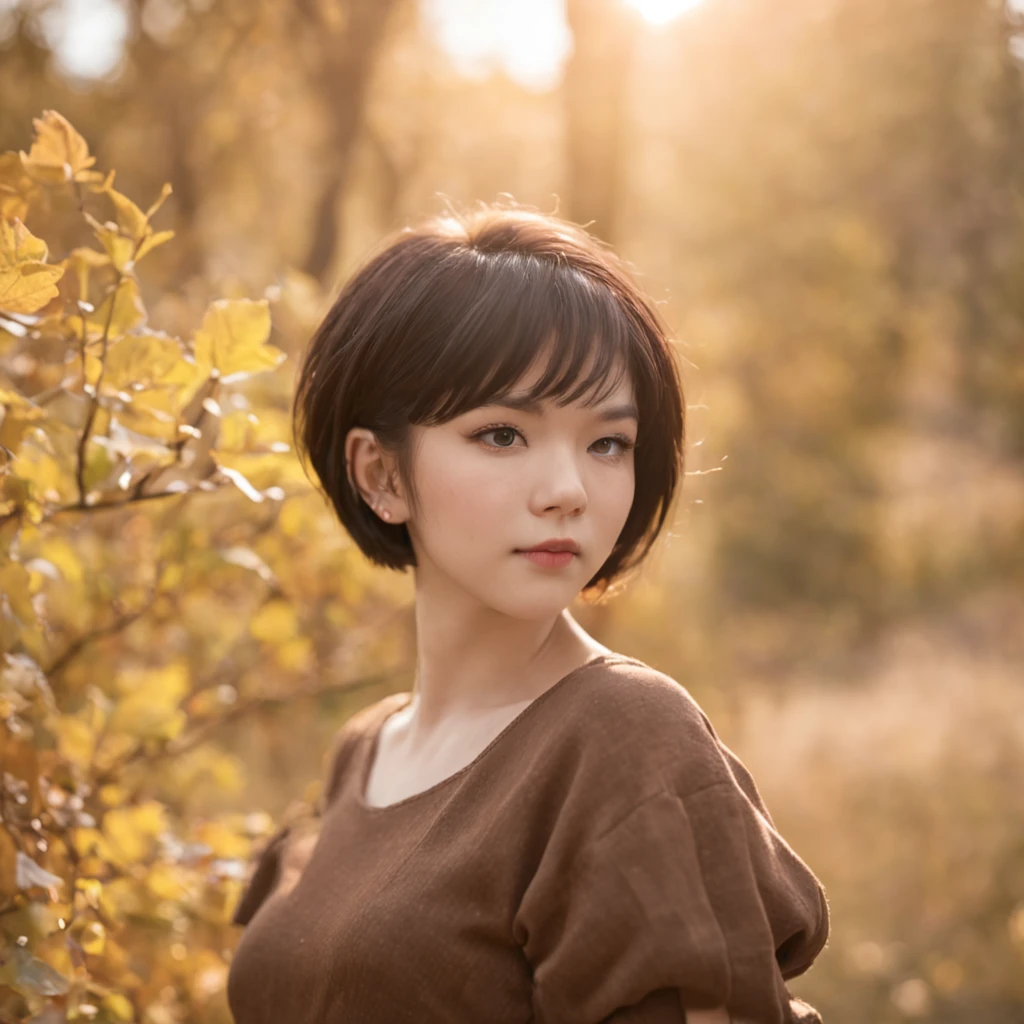 Short hairstyle、Little fat girl、A dark-haired、short-haired、Rear view、Autumn landscape、Hair illuminated by the sun、A dark-haired、Angle from below、with their face not visible
