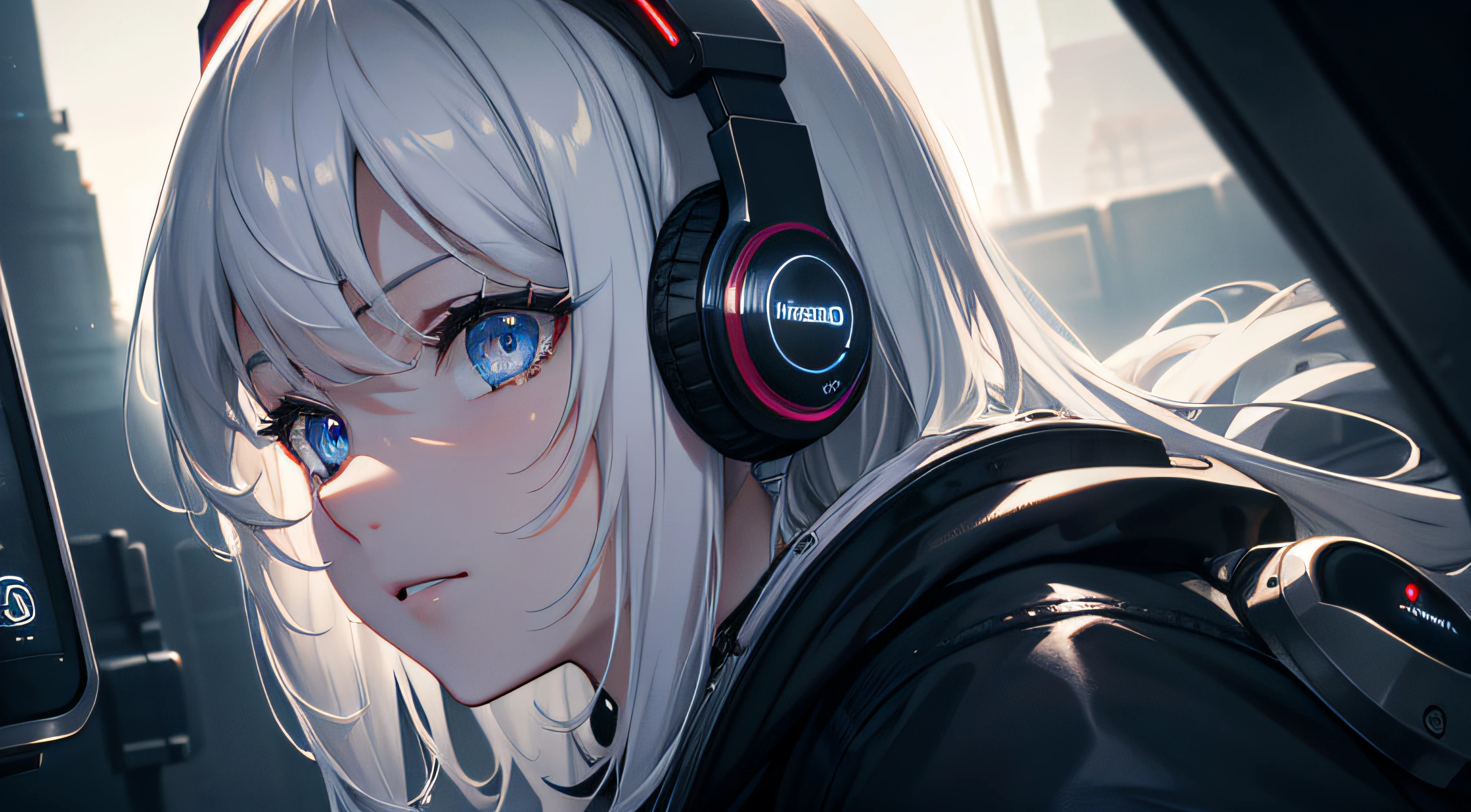 (Masterpiece, fine detailed beautiful eyes: 1.2), (On the moon, space, looking back into earth), White hair, Black tank top, voluminetric lighting, White jacket, glowing headphones, Cyberpunk, Futuristic, multi colored eyes, Detailed eyes, ultra - detailed,Light smile, Highly detailed, Beautiful, small detailed, Ultra detailed, Best quality, Intricate, hyper photorealism, Sharp, Digital illustration, Detailed, Realism, Intricate, 4K, 8K, trending on artstationh, Good anatomy, Beautiful lighting, Award-winning, Photorealistic, Realistic shadows, Realistic lighting, Beautiful lighting, Ray traching, Intricate details, Moody, Rule of thirds, Masterpiece, (illustration:1.1), A high resolution, (Extremely detailed CG, Unity, 8K wallpaper:1.1), Beautiful face, Highly detailed face, Ultra photo realsisim, Masterpiece, Bokeh, Extremely detailed, Intricate, zoomout, Colorful, Vibrant colors, Red nail polish, Side view,