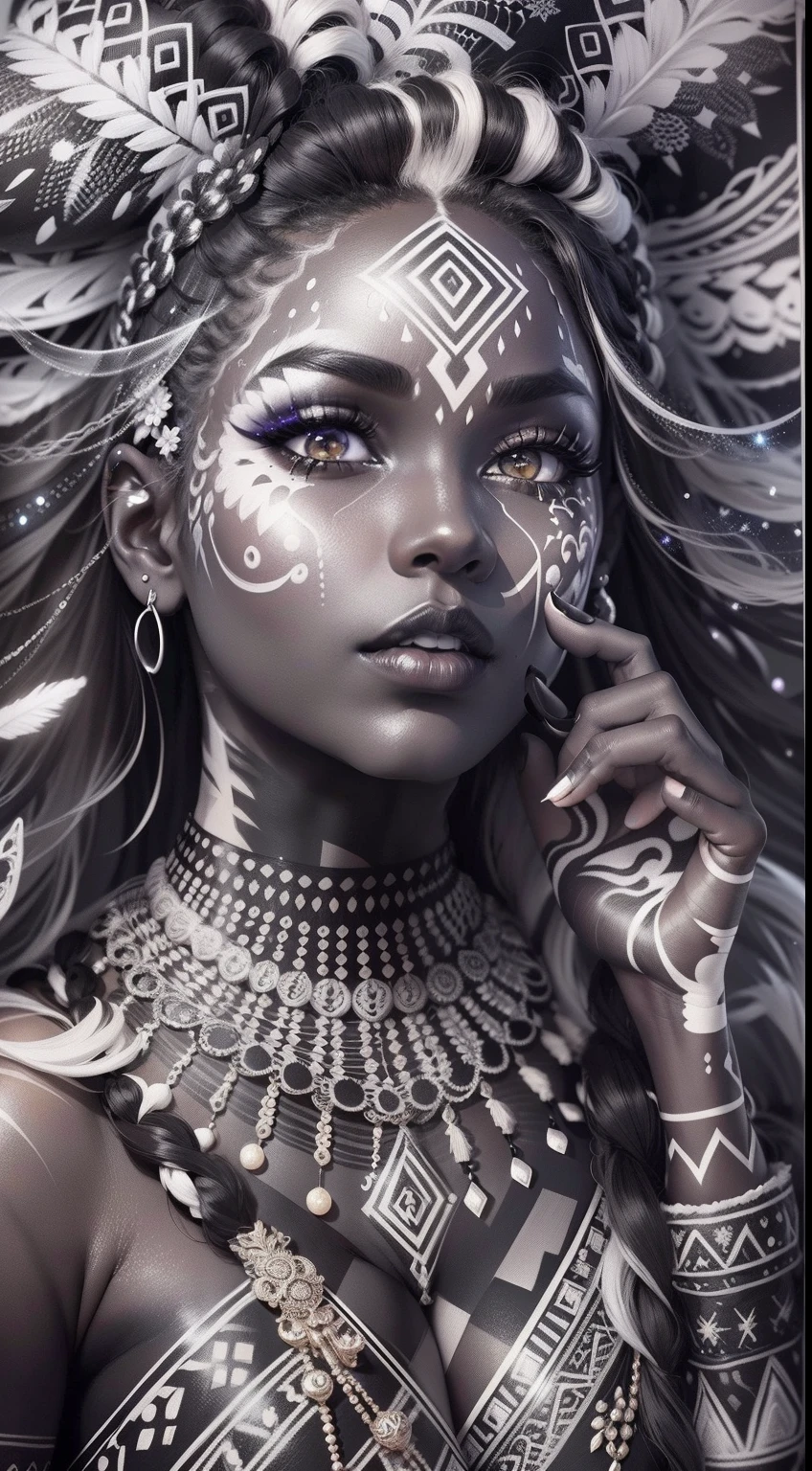 colouring book page, black and white, 32k, full body view, very beautiful tribal brown skin girl with excessive intricately detailed vivdly black and white facepaint bodypaint makeup, stunning radiant eyes, gorgeous white hair with highlights, magical night sky background