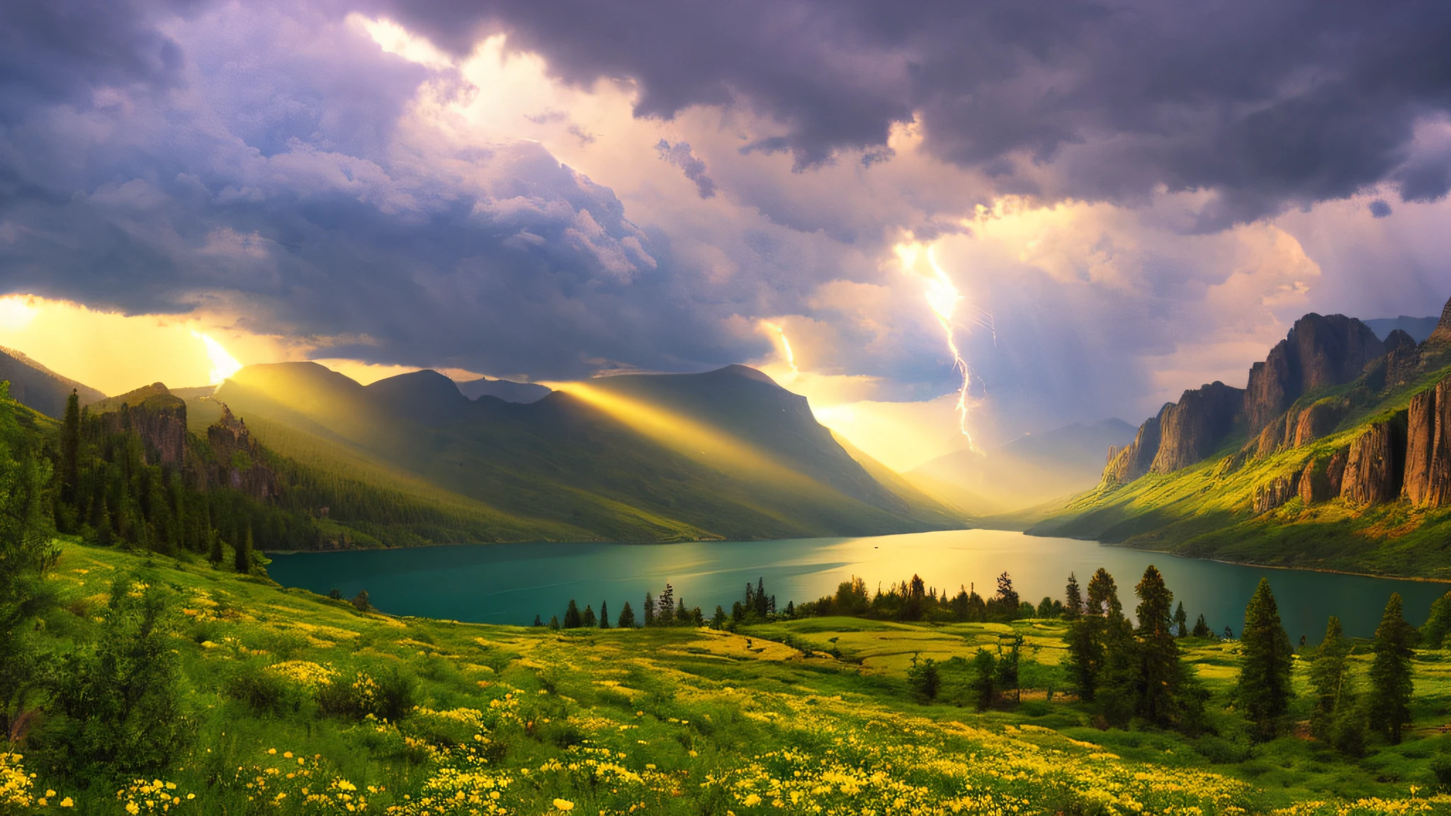 magical,  landscape, mysterious, luminous, dreary, complex, bloom, dreary. expansive, magnificent, god rays, storm, lightning, mountains, valley, boulders, trees, flowers, lake