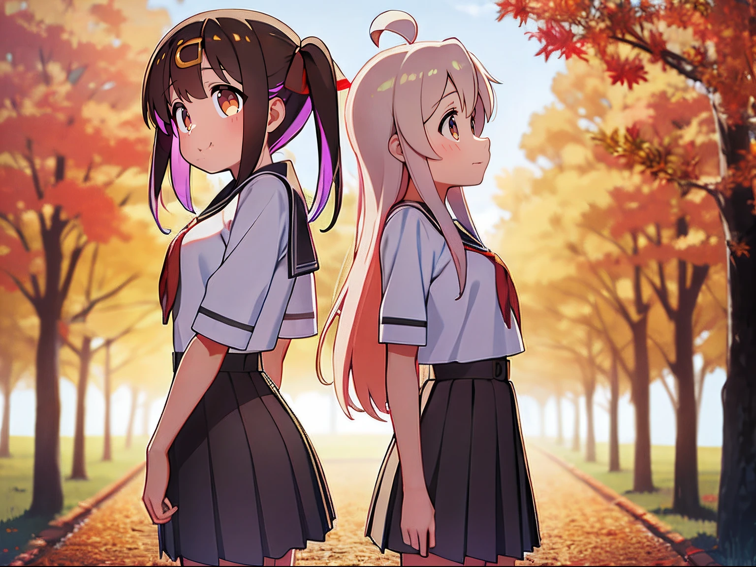 Standing back-to-back,Masterpiece, incredibly_absurderes, Best quality, Masterpiece,Best quality,offcial art,Extremely detailed Cg Unity 8K wallpaper, in fall, 2girls, sailor suite, Koyama Haru,Masahiro Koyama