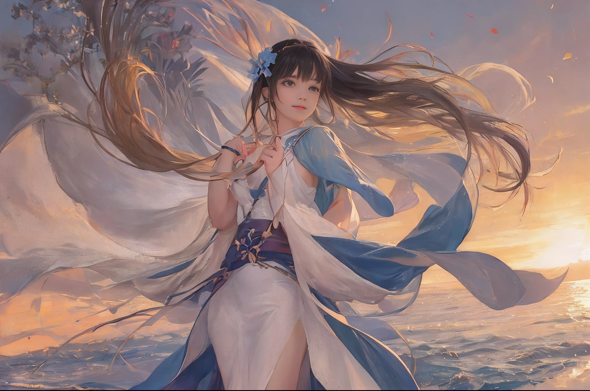 super high image quality,A person stands in a sea of flowers,A smile on his face,A gentle breeze blows through the sea of flowers,The skirt and long hair flutter in the wind,Sunset west in the distance