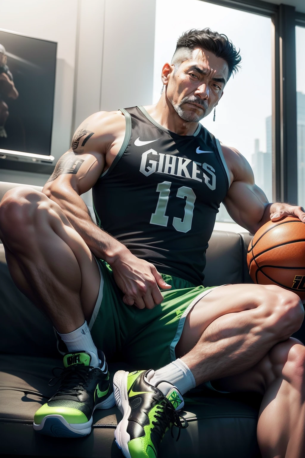 50-year-old middle-aged man，Man，grampa，Height 195，Asian people，sitting in the couch，God perspective，The eyes are about to face each other，Chinese men，musculature，Lift one foot，Wearing a fluorescent green Nike basketball vest，Fluorescent green basketball pants，The number 12 is written on the basketball suit，Black Nike high-leg basketball shoes，Cord，Chains，Ferocious and ferocious，The background is outdoors，There is no basketball，Hold your hands on your knees