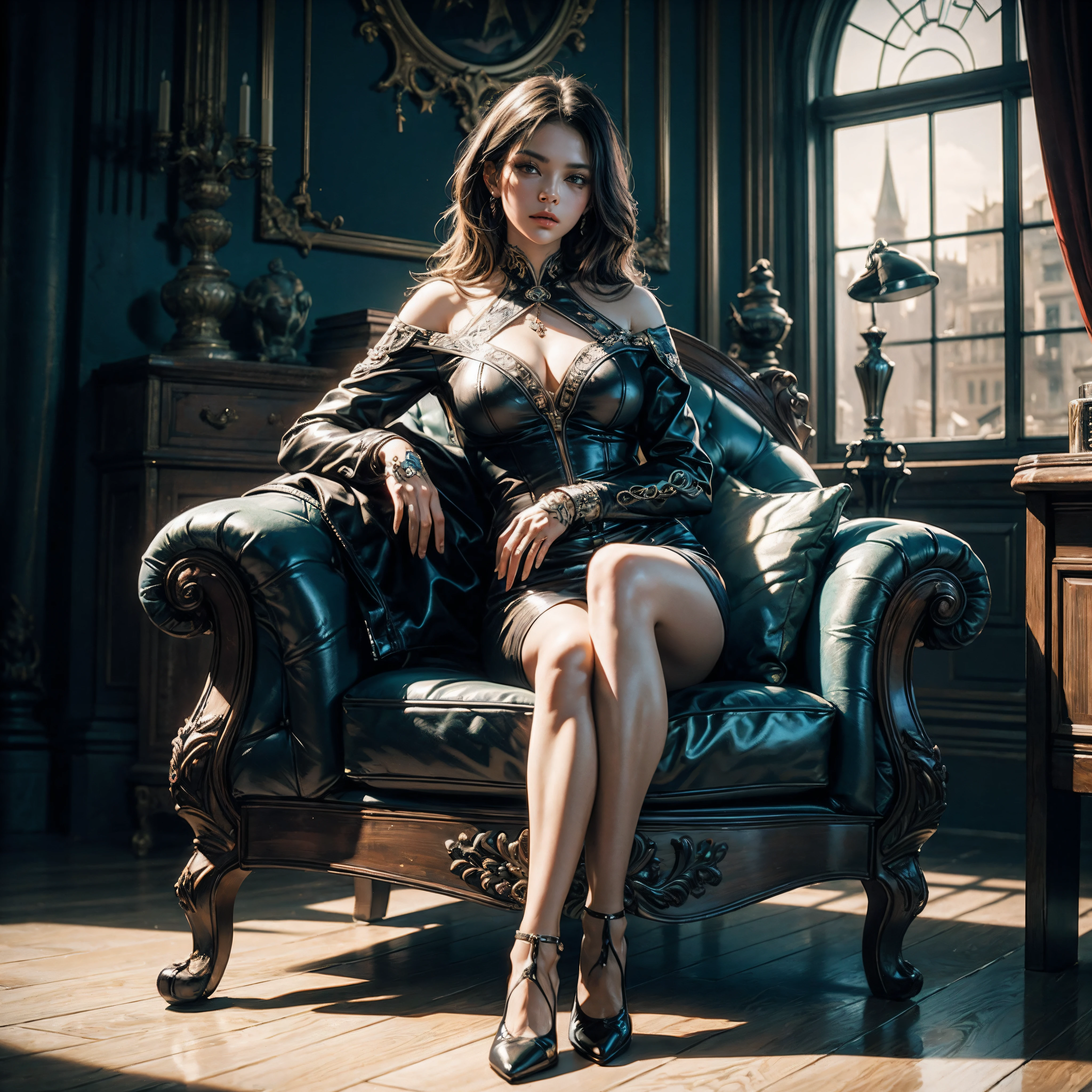 Full body portrait of stunning beautiful woman poseidon, long hair, temples and classic castle room background, minimal clothing, perfect facial details, detailed symmetrical brown eyes with circular irises, realistic, stunning photo realistic, 3d render, octane render, intricate detail, cinematic, trending art station, Isometric, Middle hyperrealistic cover photo, awesome full color, hand drawn, dark, gritty, mucha, klimt, erte 12k, high definition, cinematic, neoprene, behance contest winner, portrait shown on unsplash, art stylish digital, smooth, ultra high definition, 8k, unreal engine 5, razor sharp focus, intricate artwork, ominous, epic, trending on art station, by artgerm, h. R. giger and beksinski, very detailed, vibrant, 8k, sitting on sofa and crossing legs, wearing heels.