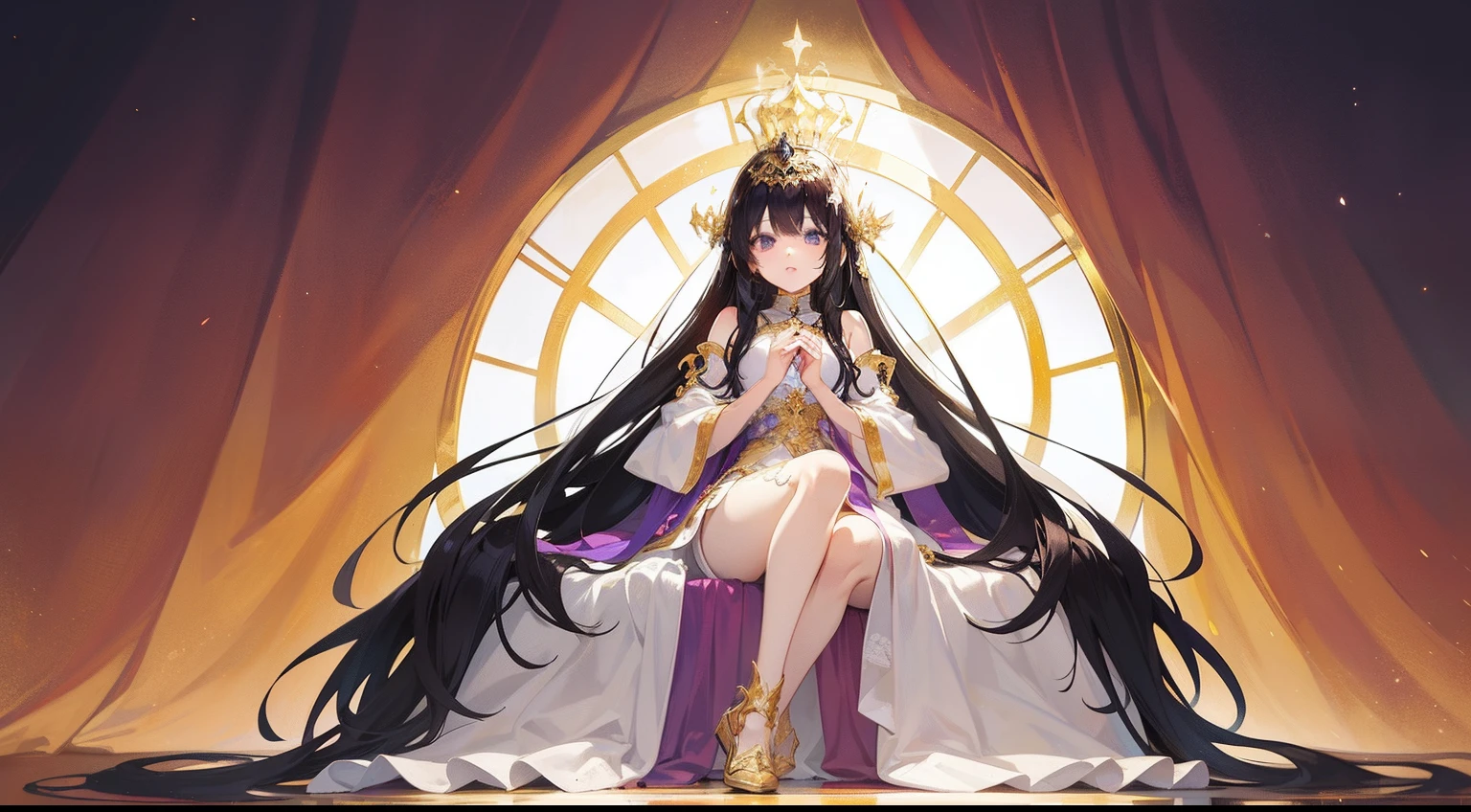 anime style photo of spring vasu, anime girl with long black hair and purple eyes, in a princess outfit, white outfit, golden crown, in a white and golden palace, palace background, princess, sitting on a throne, full body shot, sitting cross legged,