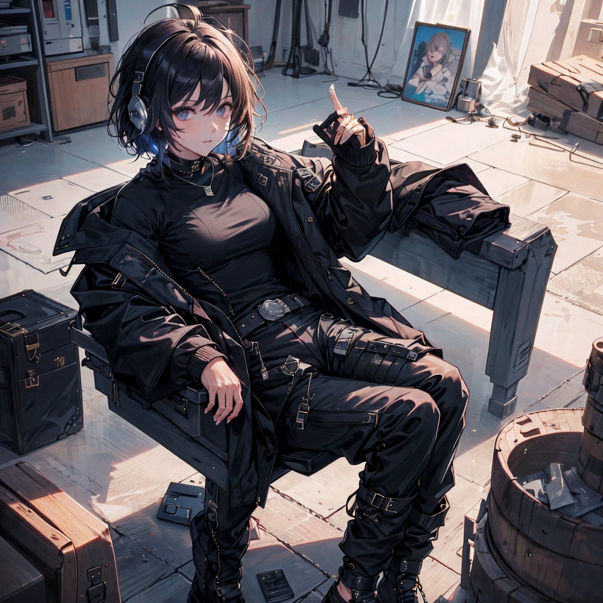 Best quality, Ultra-detailed, dolla, 1girll, Solo, short_Hair, undercut hair, Breasts, bangs, shirt, mitts, Long_Sleeves, Closed_Mouth, Jacket, full_Body, White_shirt, ahoge, Open_clothes, tiese, choker necklace, black_mitts, belt, collared_shirt, Pants, , black_Footwear, Open_Jacket, black_Jacket, , formal, black_Pants, suit,, purple_tiese, Earphone, Room, Indoors, (view the viewer:1.3),whaite hair