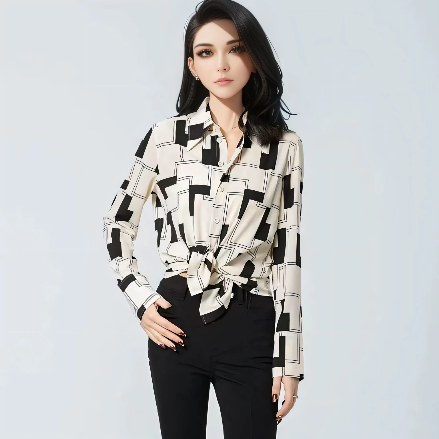 A woman wearing a black and white shirt and black pants, wearing  shirt, elegant slim beige shirt, Black and white clothes, modern casual clothing, wearing a designer top, casual modern clothing, office clothes, patterned clothing, Stylish, wearing  shirt, White and black clothing, korean women's fashion model, monochrome, wearing business casual dress, tiedshirt
