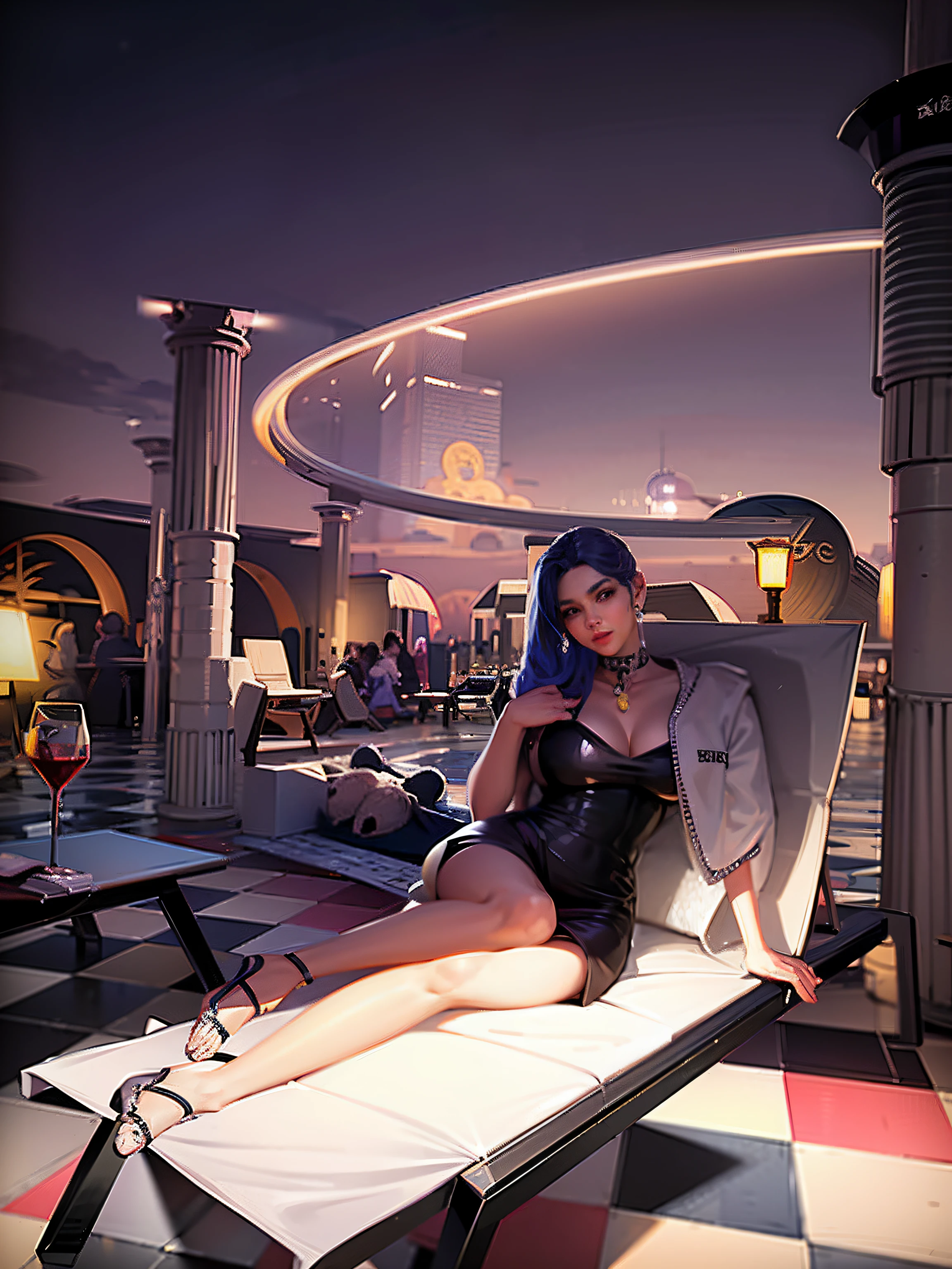 There was a woman sitting on a deck chair in the pool, in a luxurious pool, at future neon light rooftop, full-body xianxia, on rooftop, taken in 2 0 2 0, at night with neon lights, with neon lights, Sitting in the pool, on rooftop tokyo night, young beautiful amouranth, Gorgeous lady, in las vegas