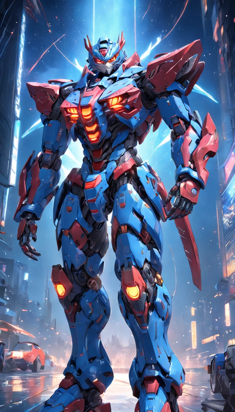 (A cybermecha Tiger with a sense of transparency:1.5), (Cyber Mecha blue and red Tiger:1.5), (extremely detailed CG unity 16k wallpaper:1.1), (Denoising strength: 1.45), (tmasterpiece:1.37), (Full body posing:1.4:), whole-length, Dynamic angle, starry sky, lifelike texture, side lighting, sparkle, glowing light, ray tracing, ((masterpiece)), (masterpiece), best quality, UHD