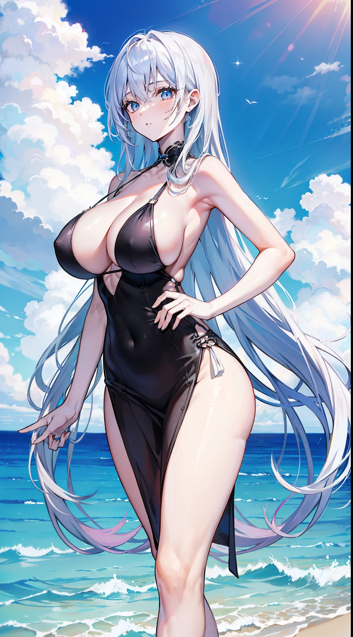 This is a sexy beauty with long hair,She wears a very short slip dress,Anterior convex and posterior,Slender beautiful legs,perfect bodies,Well-proportioned, Hot and charming,Absolutely beautiful,Close-up of people,huge tit,White skin ,The eyes are blue and clear,Both legs are completely exposed,It's tempting,(( There is only one person in the whole picture)),Water and sky,Azur route