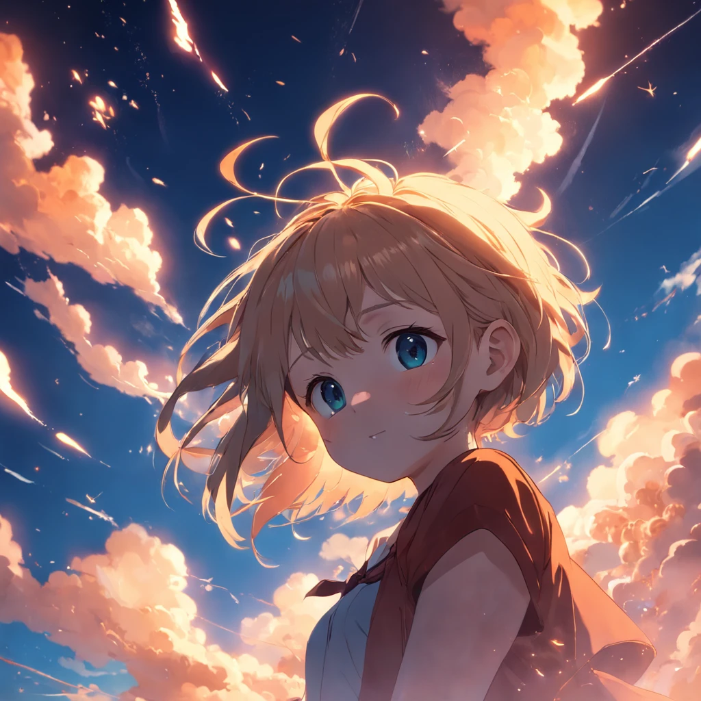 masterpiece, best quality, movie still, 1girl, cloud girl, floating in the sky, close-up, bright, happy, warm soft lighting, sunset, (sparks:0.7)