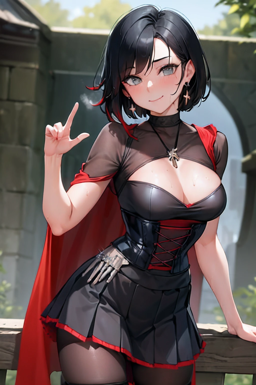 (Masterpiece, Best Quality:1.2), Cowboy shot, 1girl,black colored hair,short hair, smile, closed mouth, looking a viewer,black shirt,corset,long black pleated skirt, pantyhose,red cloak, Jewelry, necklace, earrings, small-breasts, slim thighs, Spacer frame, steam, glistering slap, Wet, the sweat,